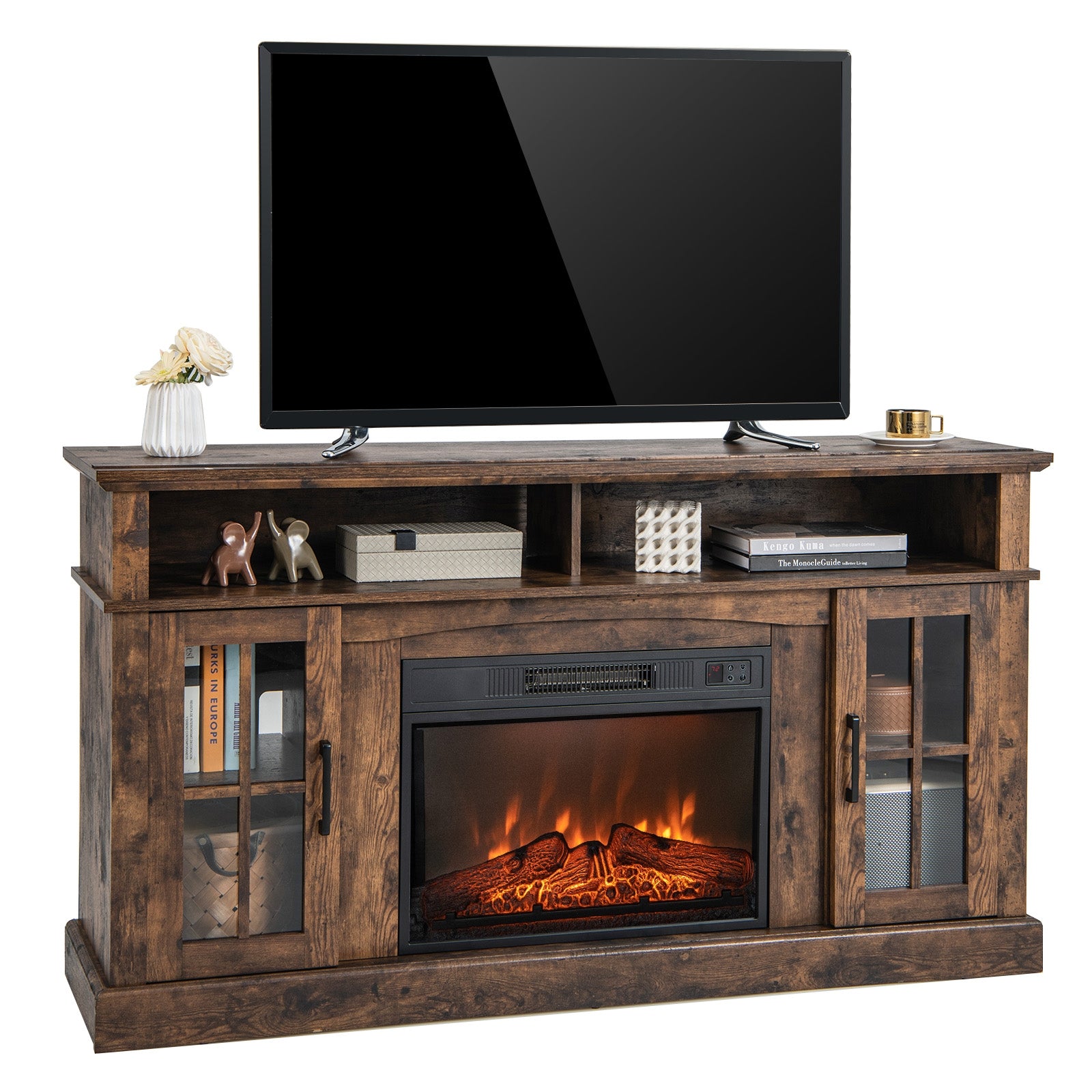 Fireplace TV Stand for TVs Up to 65 Inch with Side Cabinets and Remote Control, Brown Entertainment Centers & TV Stands   at Gallery Canada