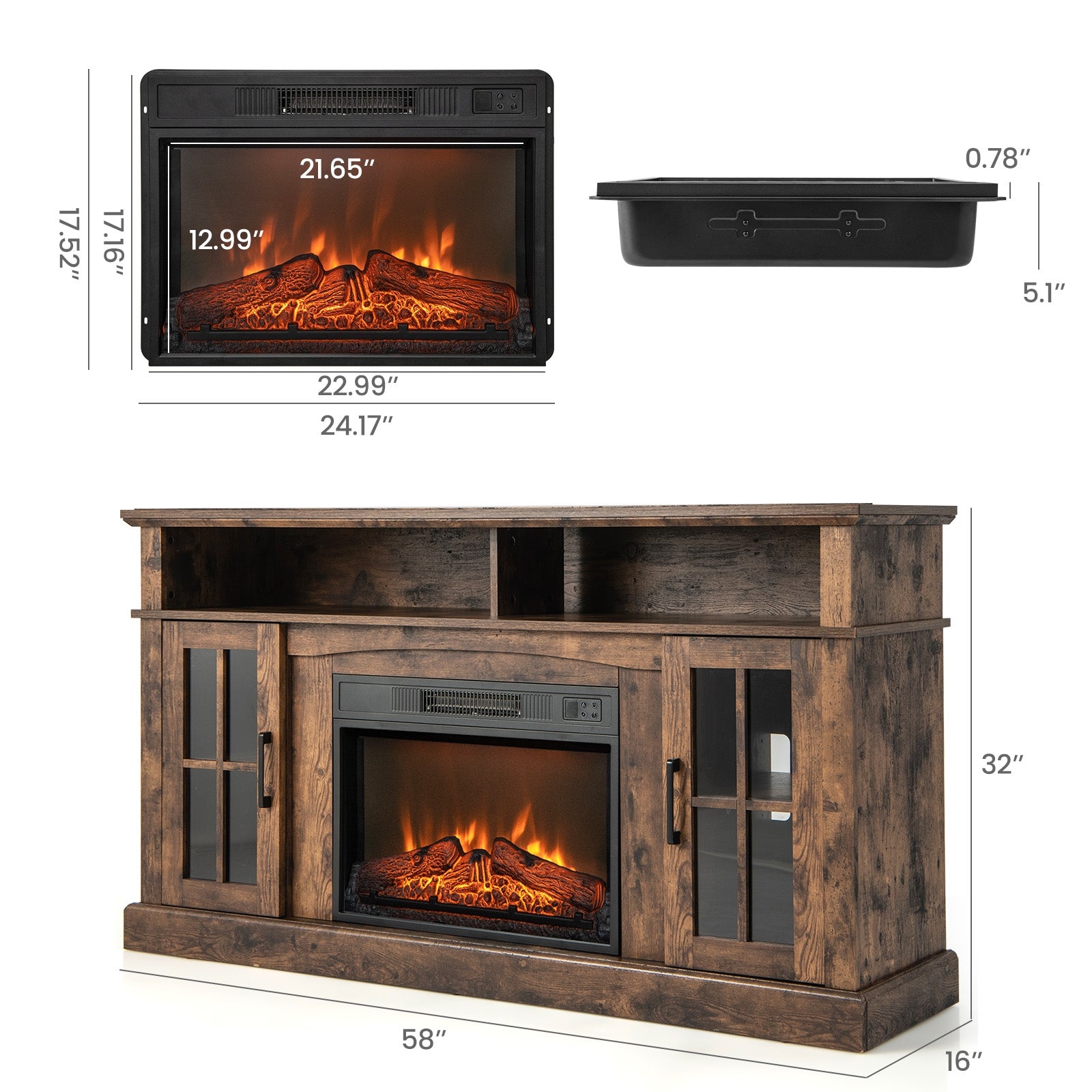 Fireplace TV Stand for TVs Up to 65 Inch with Side Cabinets and Remote Control, Brown Entertainment Centers & TV Stands   at Gallery Canada