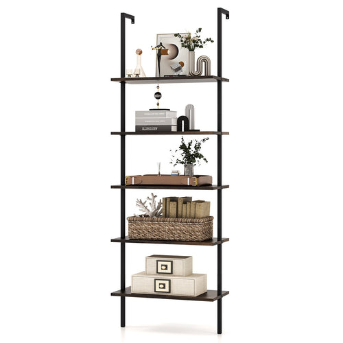 5 Tier Ladder Shelf Wall-Mounted Bookcase with Steel Frame, Brown