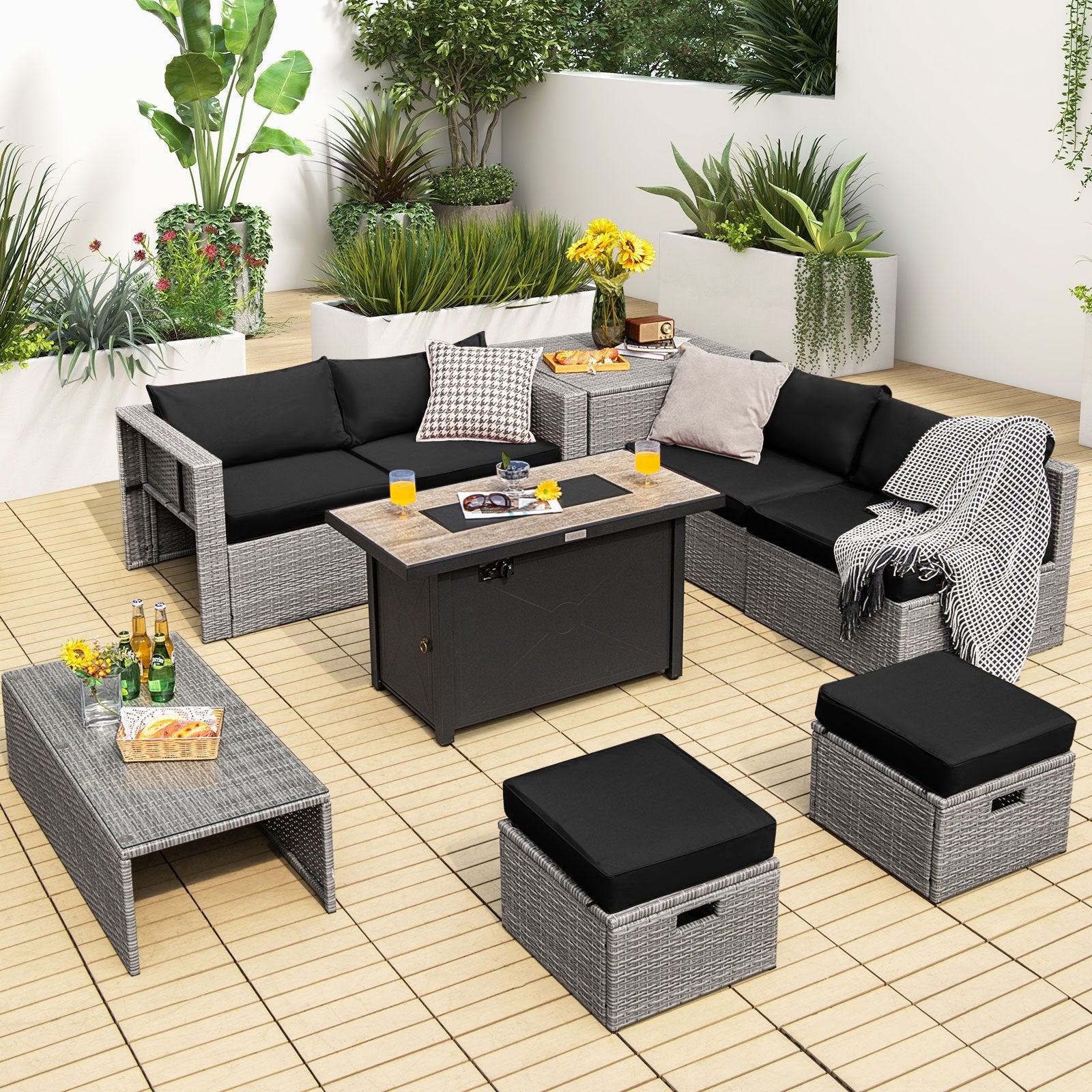 9 Pieces Patio Furniture Set with 42 Inches 60000 BTU Fire Pit, Black Patio Furniture Sets   at Gallery Canada