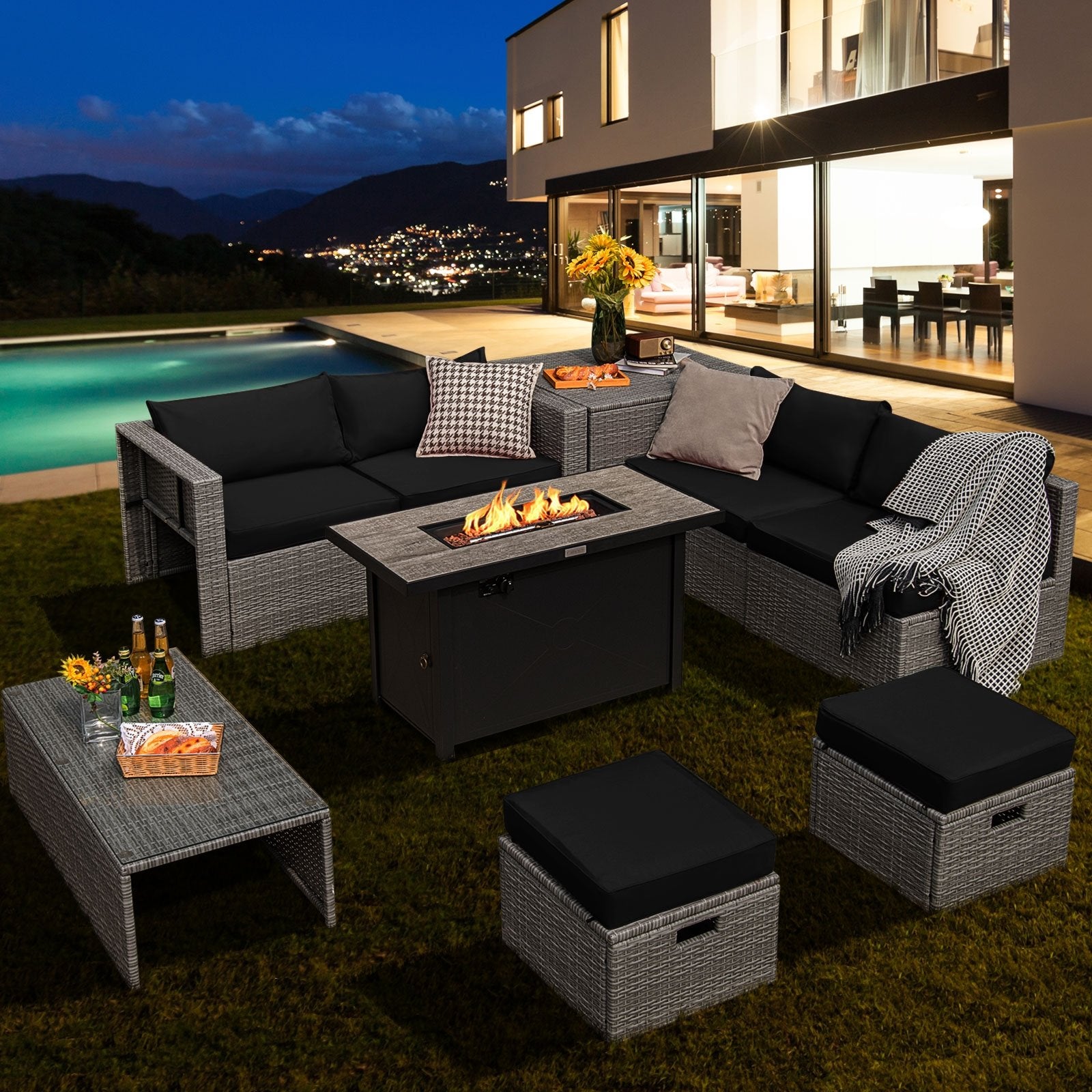 9 Pieces Patio Furniture Set with 42 Inches 60000 BTU Fire Pit, Black Patio Furniture Sets   at Gallery Canada