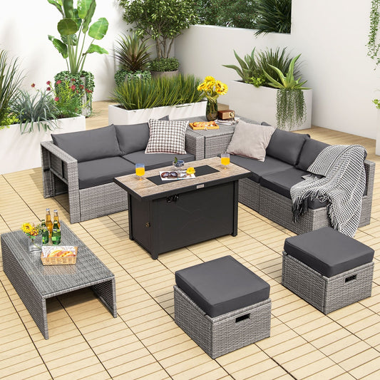 9 Pieces Patio Furniture Set with 42 Inches 60000 BTU Fire Pit, Gray - Gallery Canada