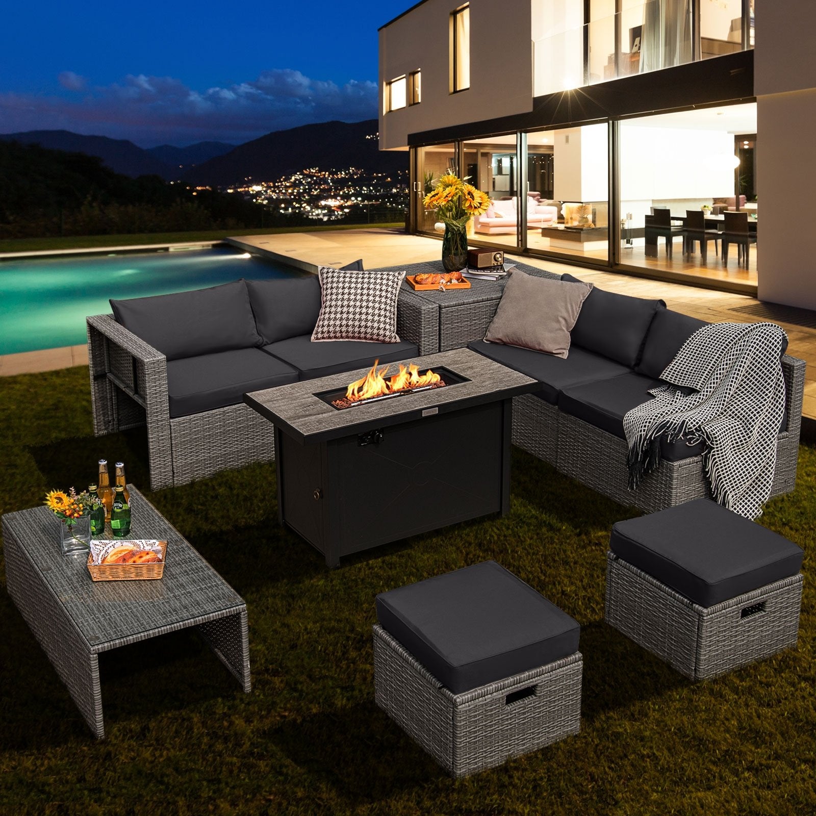 9 Pieces Patio Furniture Set with 42 Inches 60000 BTU Fire Pit, Gray Patio Furniture Sets   at Gallery Canada