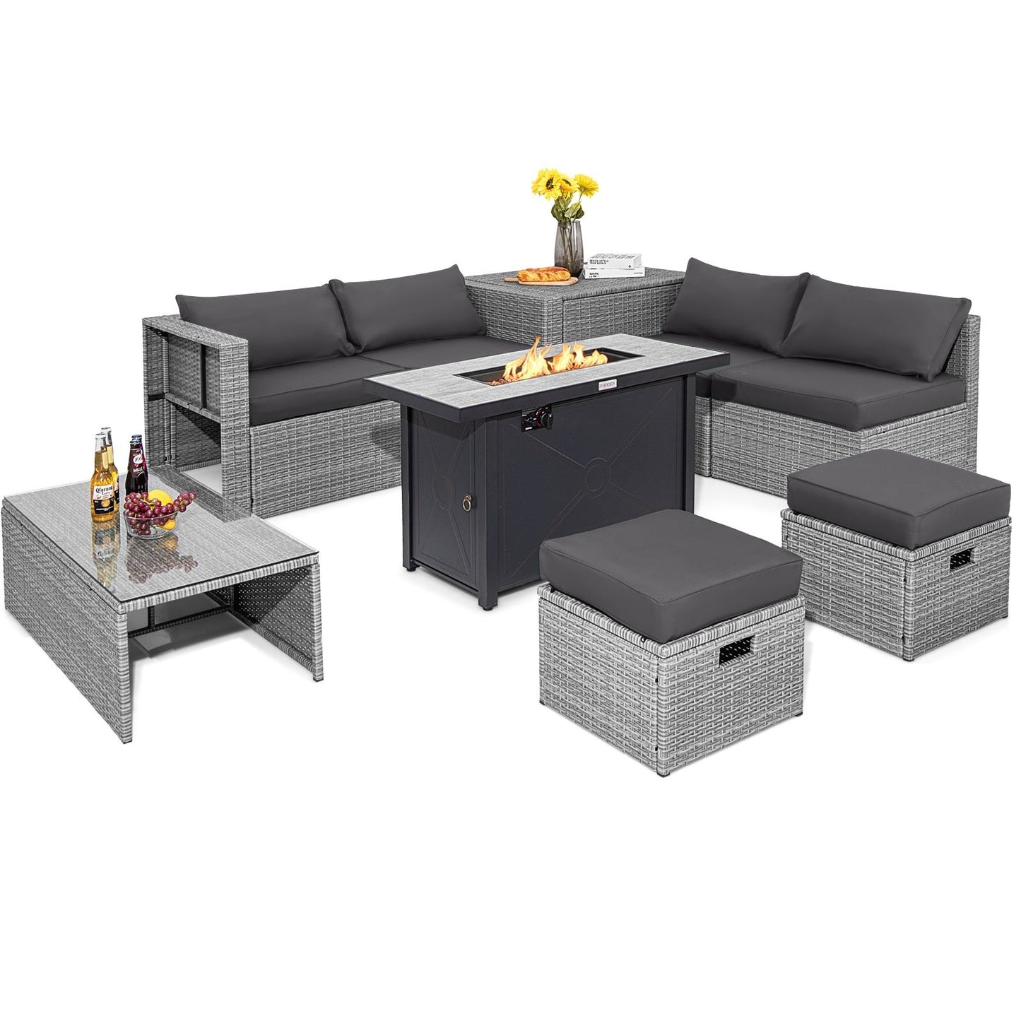 9 Pieces Patio Furniture Set with 42 Inches 60000 BTU Fire Pit, Gray Patio Furniture Sets   at Gallery Canada