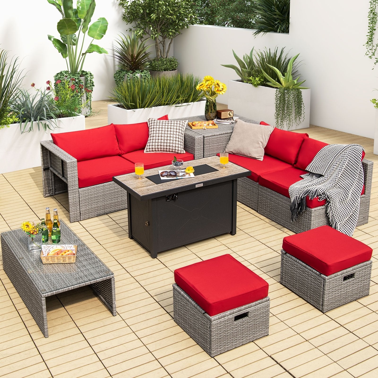 9 Pieces Patio Furniture Set with 42 Inches 60000 BTU Fire Pit, Red Patio Furniture Sets   at Gallery Canada