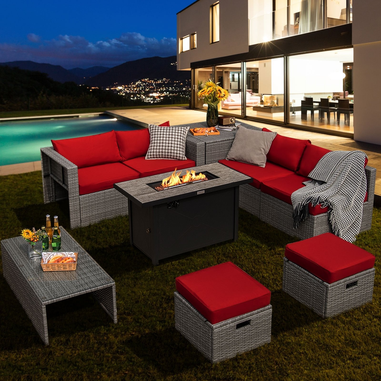 9 Pieces Patio Furniture Set with 42 Inches 60000 BTU Fire Pit, Red Patio Furniture Sets   at Gallery Canada