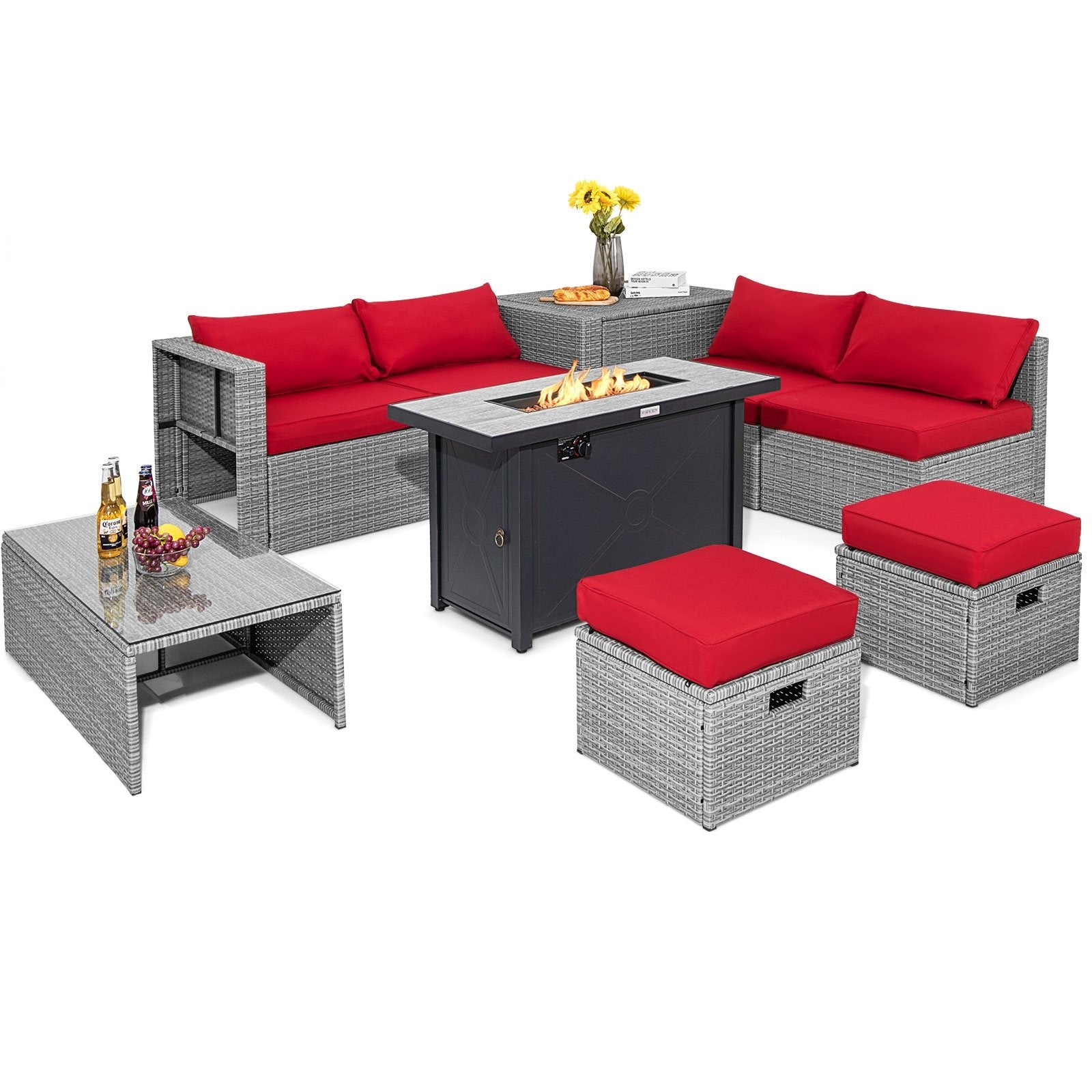 9 Pieces Patio Furniture Set with 42 Inches 60000 BTU Fire Pit, Red Patio Furniture Sets   at Gallery Canada