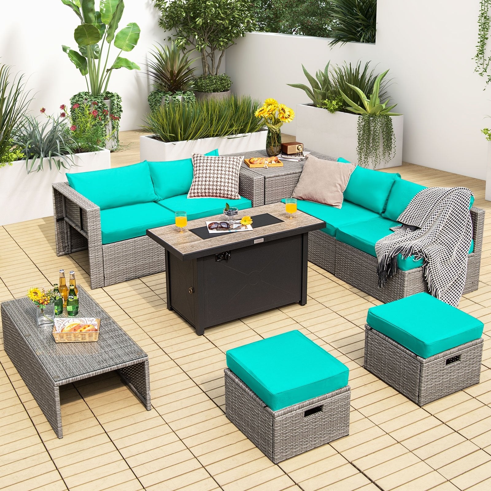 9 Pieces Patio Furniture Set with 42 Inches 60000 BTU Fire Pit, Turquoise Patio Furniture Sets   at Gallery Canada