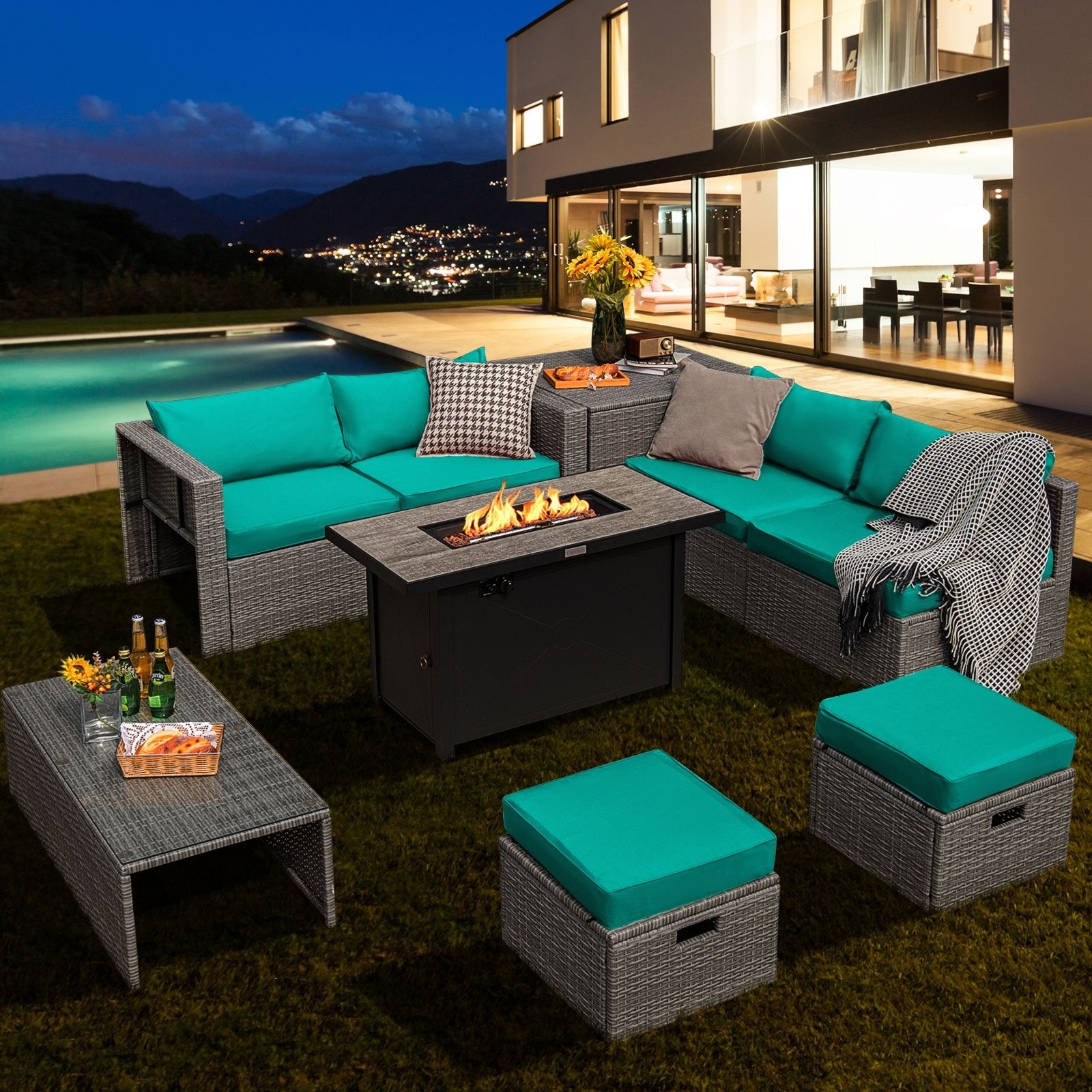 9 Pieces Patio Furniture Set with 42 Inches 60000 BTU Fire Pit, Turquoise Patio Furniture Sets   at Gallery Canada