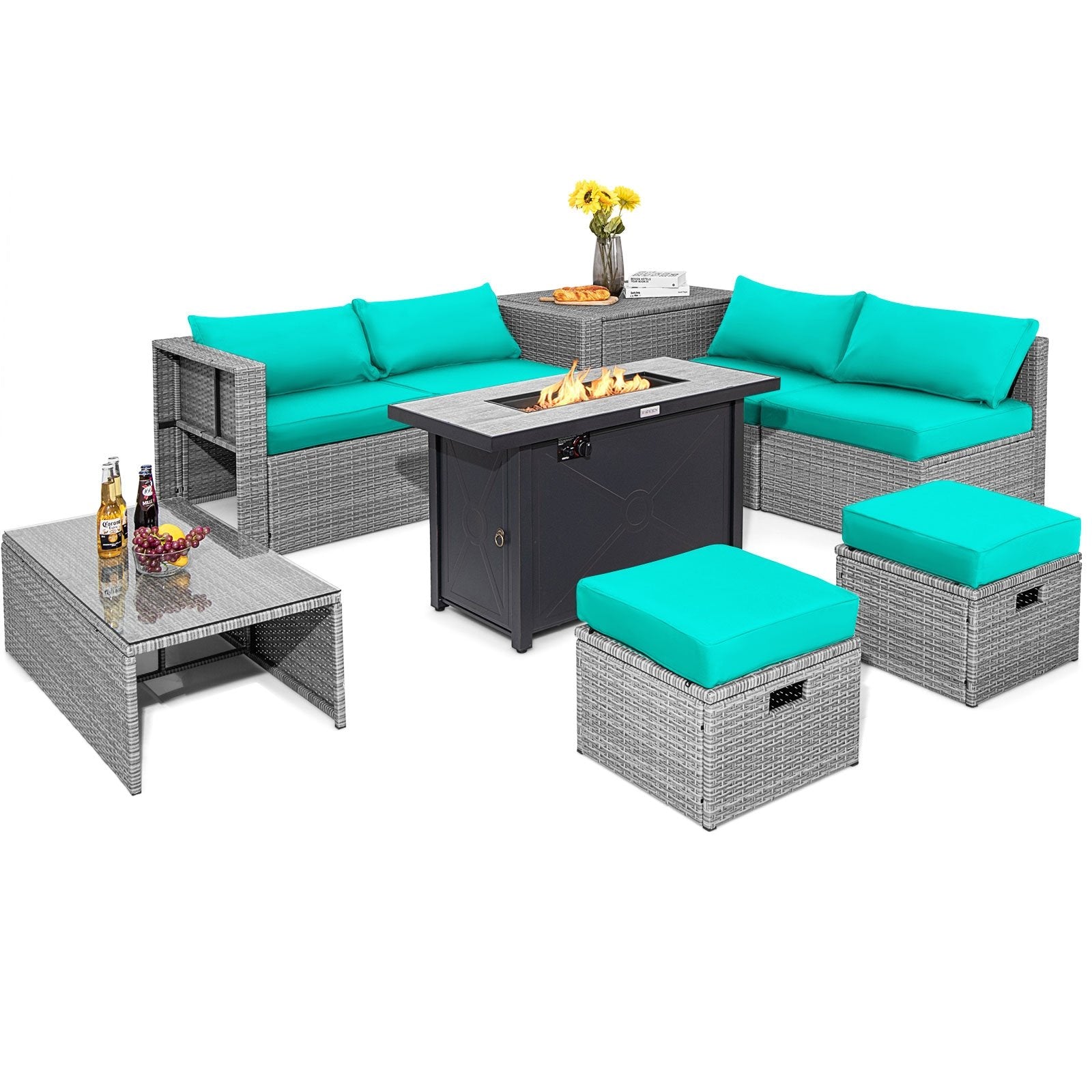 9 Pieces Patio Furniture Set with 42 Inches 60000 BTU Fire Pit, Turquoise Patio Furniture Sets   at Gallery Canada