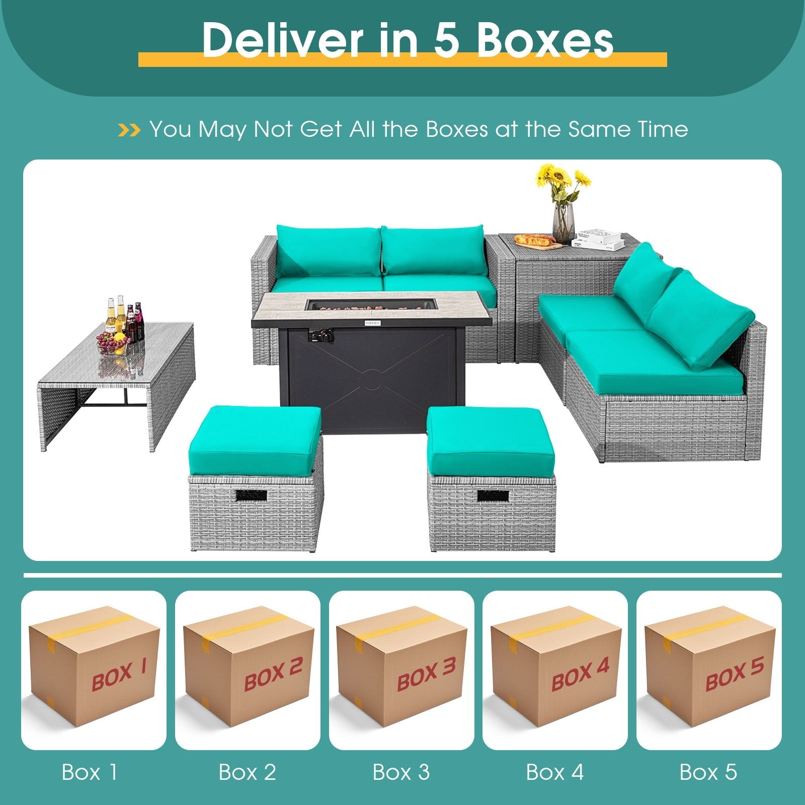 9 Pieces Patio Furniture Set with 42 Inches 60000 BTU Fire Pit, Turquoise Patio Furniture Sets   at Gallery Canada