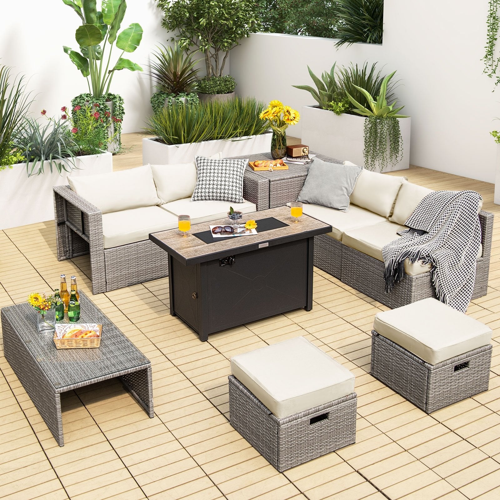 9 Pieces Patio Furniture Set with 42 Inches 60000 BTU Fire Pit, White Patio Furniture Sets   at Gallery Canada