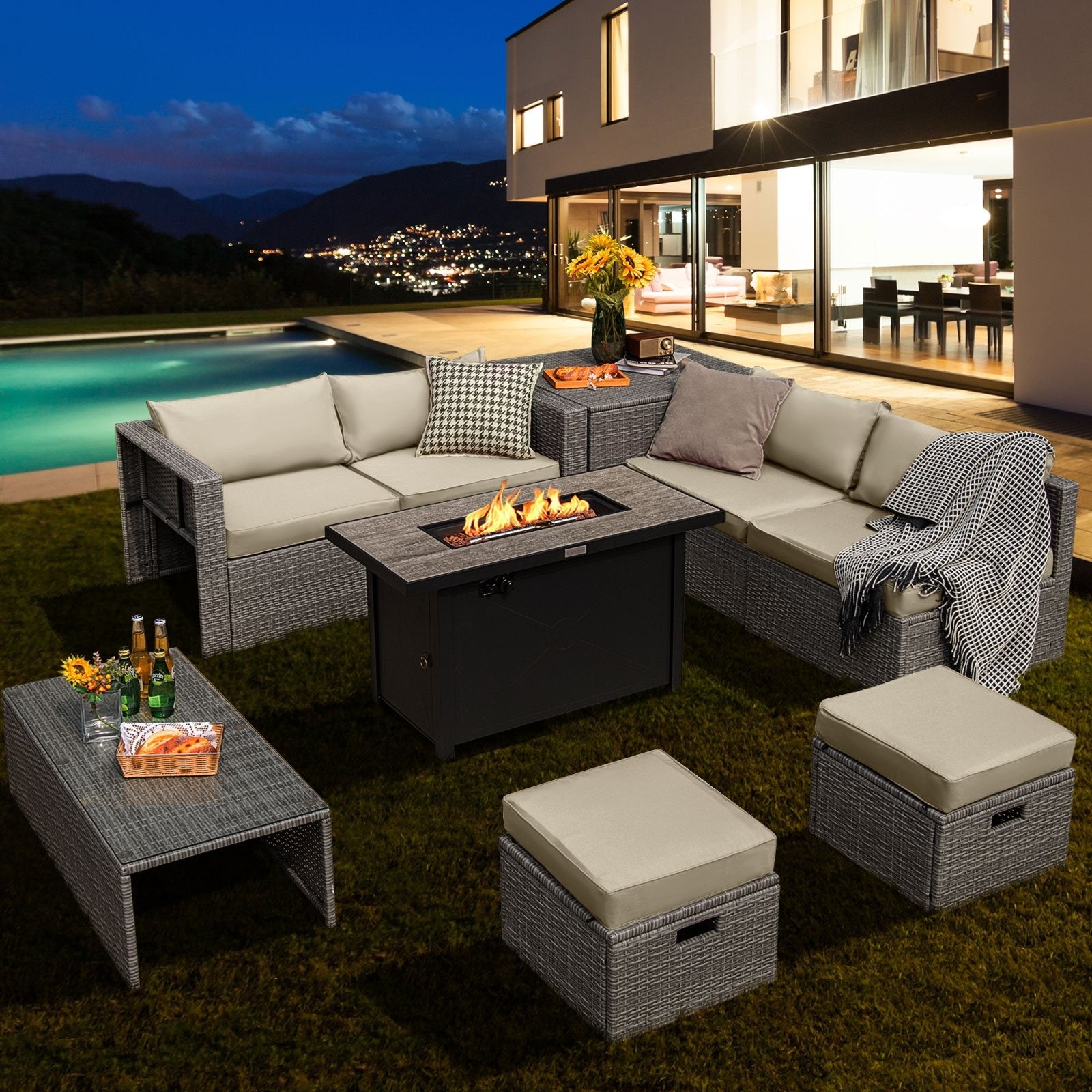 9 Pieces Patio Furniture Set with 42 Inches 60000 BTU Fire Pit, White Patio Furniture Sets   at Gallery Canada