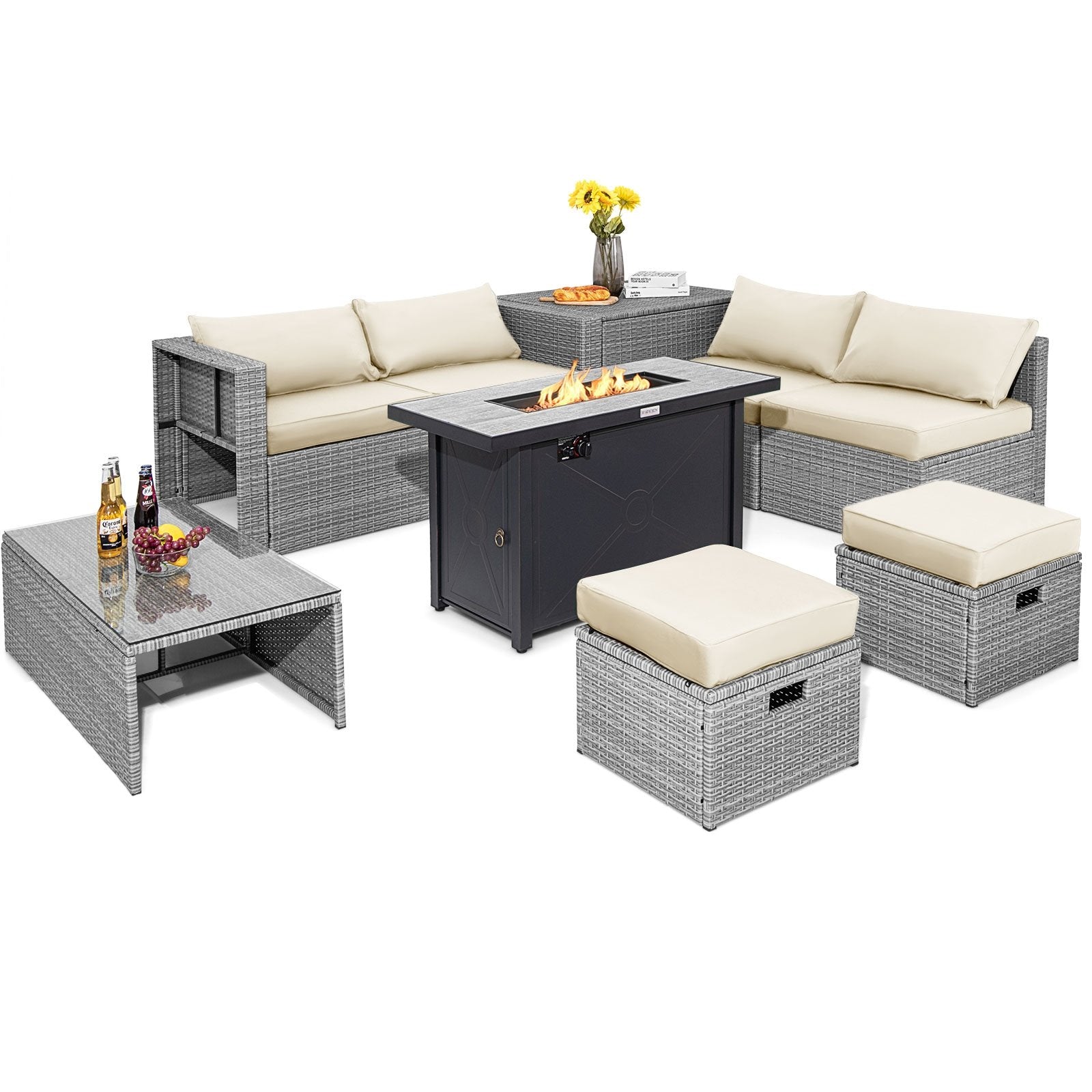 9 Pieces Patio Furniture Set with 42 Inches 60000 BTU Fire Pit, White Patio Furniture Sets   at Gallery Canada