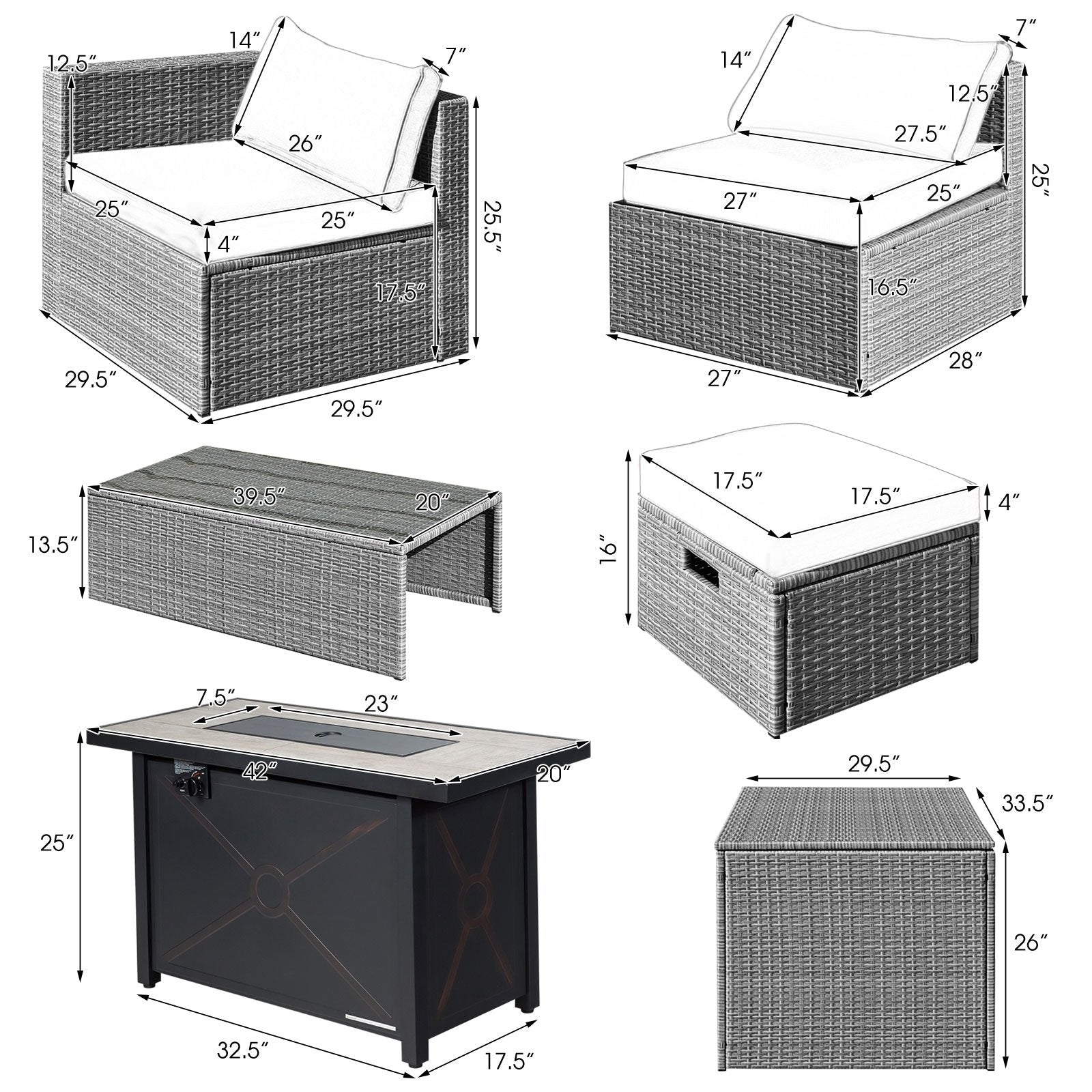 9 Pieces Patio Furniture Set with 42 Inches 60000 BTU Fire Pit, White Patio Furniture Sets   at Gallery Canada