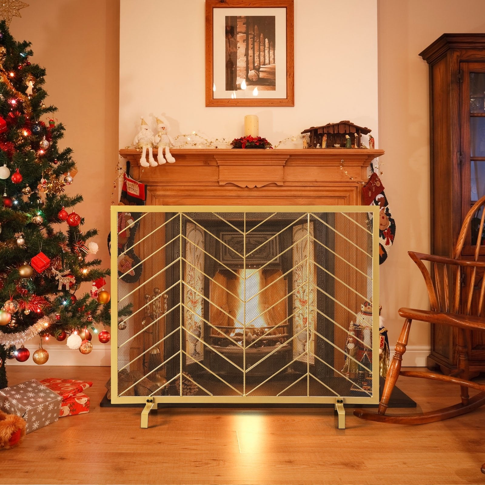 38 x 31 Inch Single Panel Fireplace Screen, Golden Fireplace Tools   at Gallery Canada