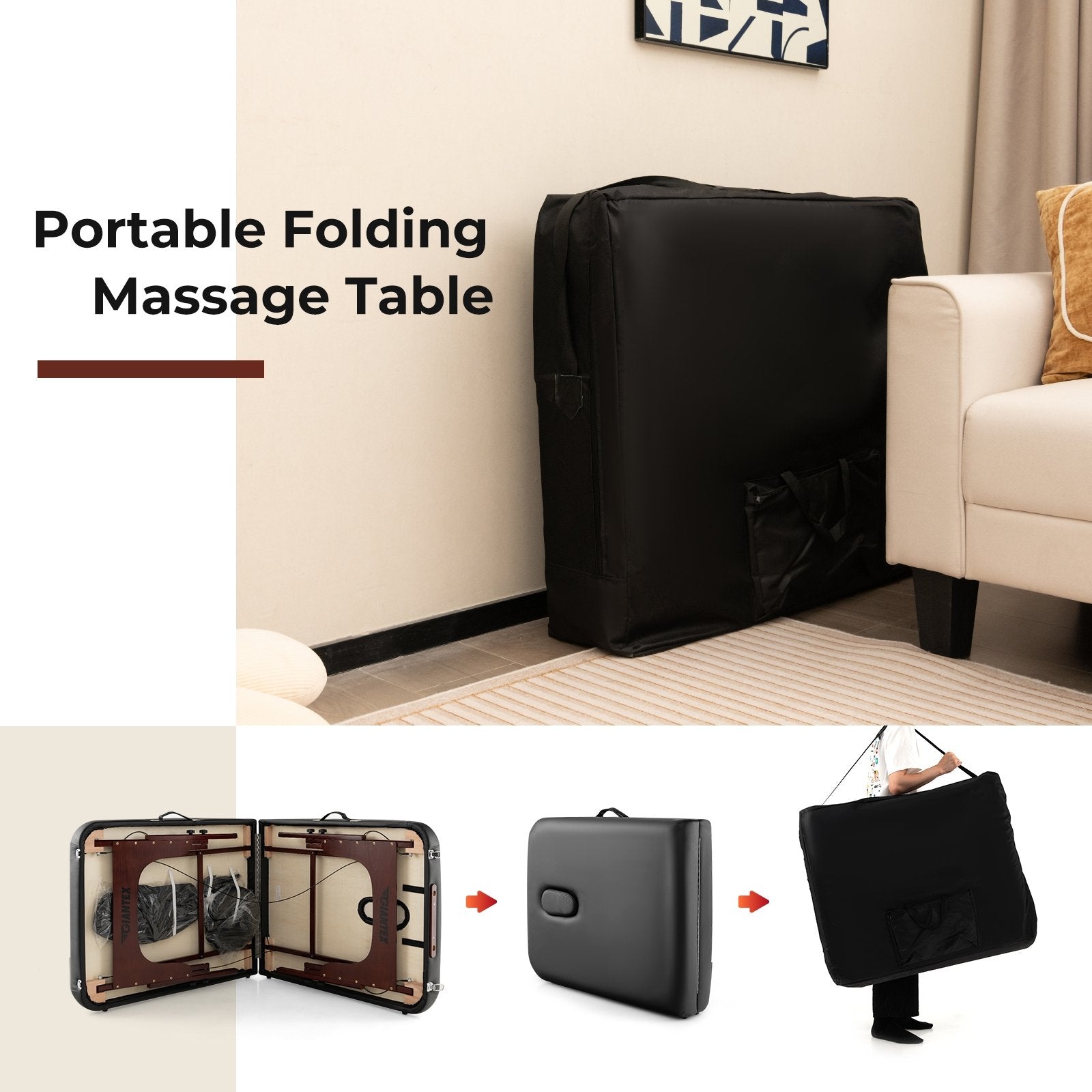 Folding Massage Table with Height-adjustable Beech Wood Frame, Black Spa & Salon   at Gallery Canada