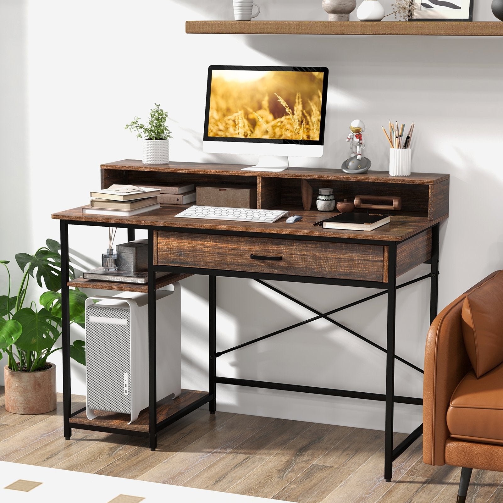 48 Inch Computer Desk with Monitor Stand Drawer and Shelves, Rustic Brown Computer Desks   at Gallery Canada