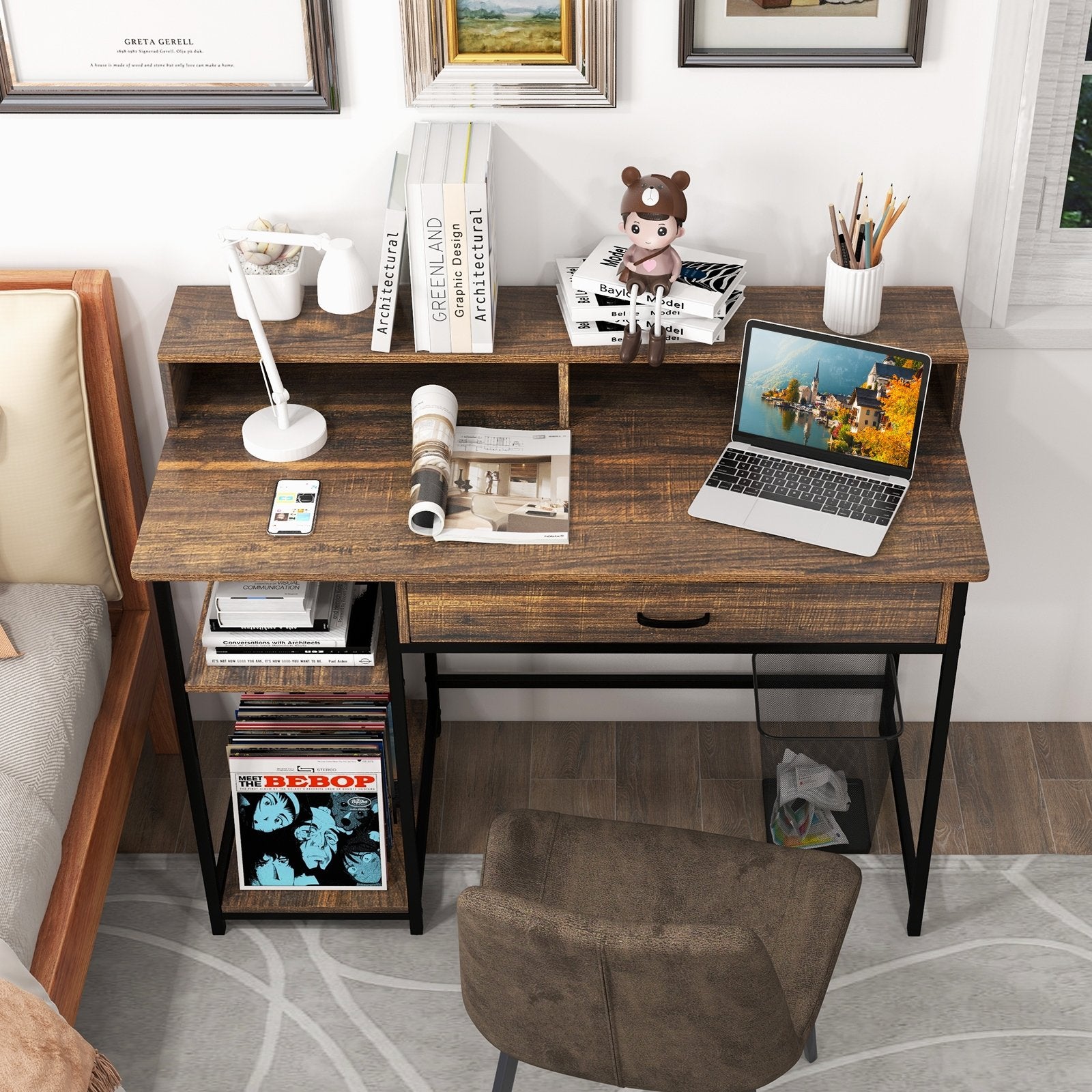 48 Inch Computer Desk with Monitor Stand Drawer and Shelves, Rustic Brown Computer Desks   at Gallery Canada