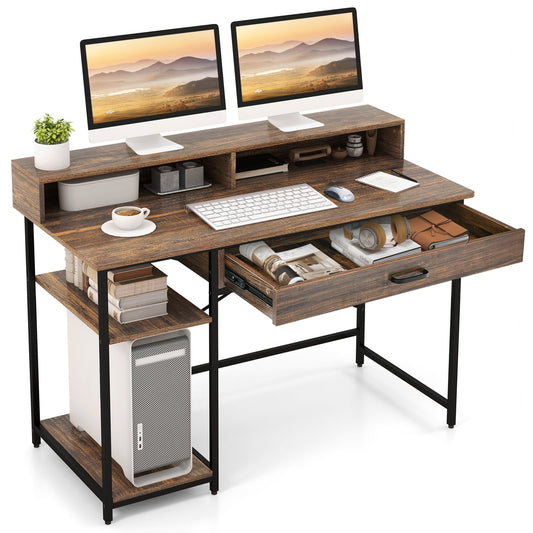 48 Inch Computer Desk with Monitor Stand Drawer and Shelves, Rustic Brown Computer Desks   at Gallery Canada