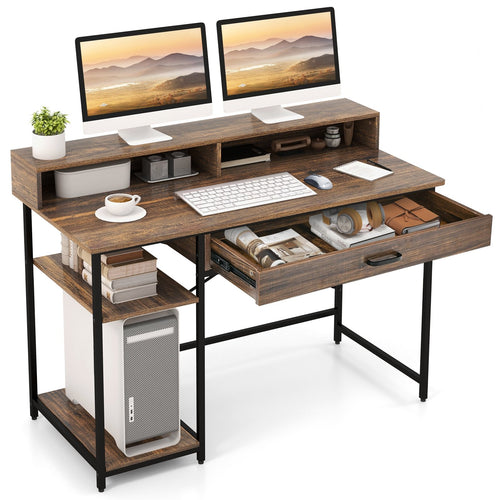 48 Inch Computer Desk with Monitor Stand Drawer and Shelves, Rustic Brown