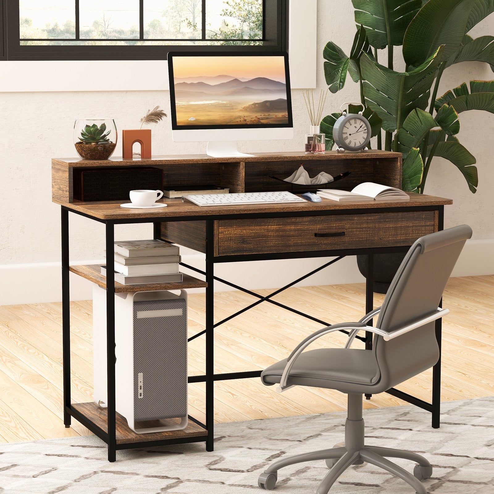 48 Inch Computer Desk with Monitor Stand Drawer and Shelves, Rustic Brown Computer Desks   at Gallery Canada