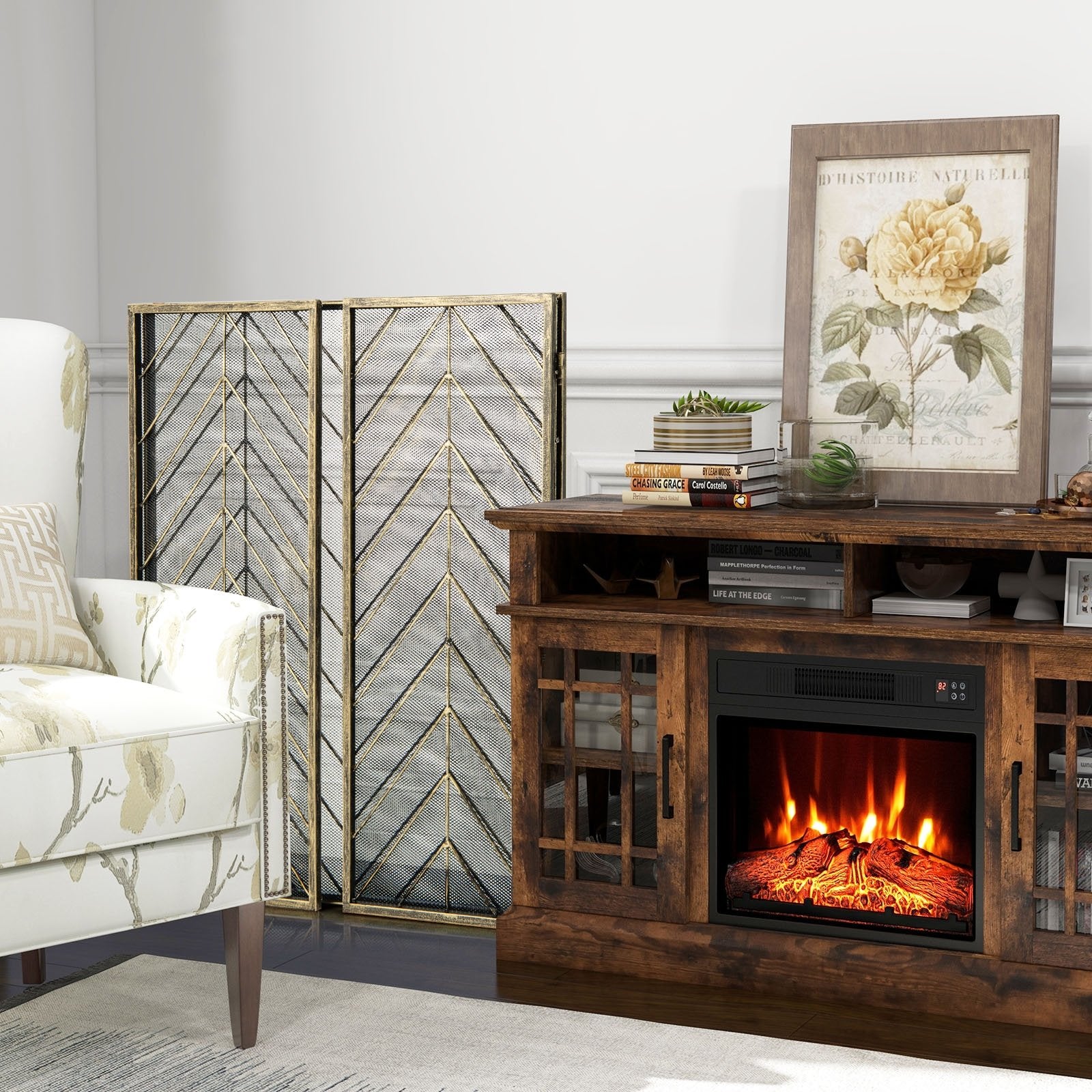 3-Panel Metal Foldable Fireplace Screen with Metal Mesh, Bronze Fireplace Tools   at Gallery Canada