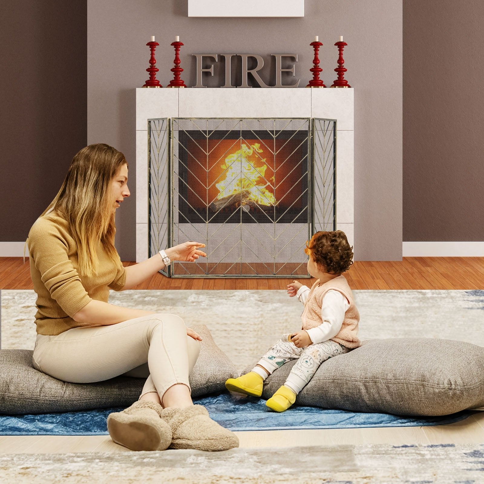 3-Panel Metal Foldable Fireplace Screen with Metal Mesh, Bronze Fireplace Tools   at Gallery Canada