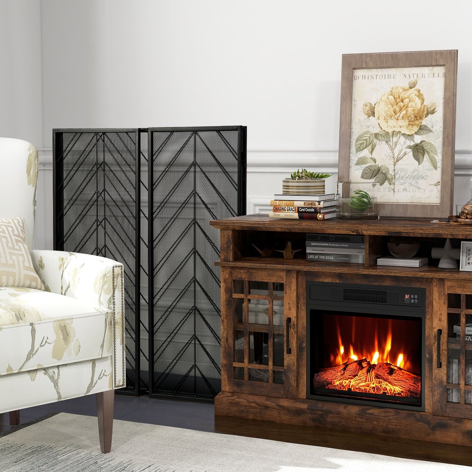 3-Panel Metal Foldable Fireplace Screen with Metal Mesh, Black Fireplace Tools   at Gallery Canada