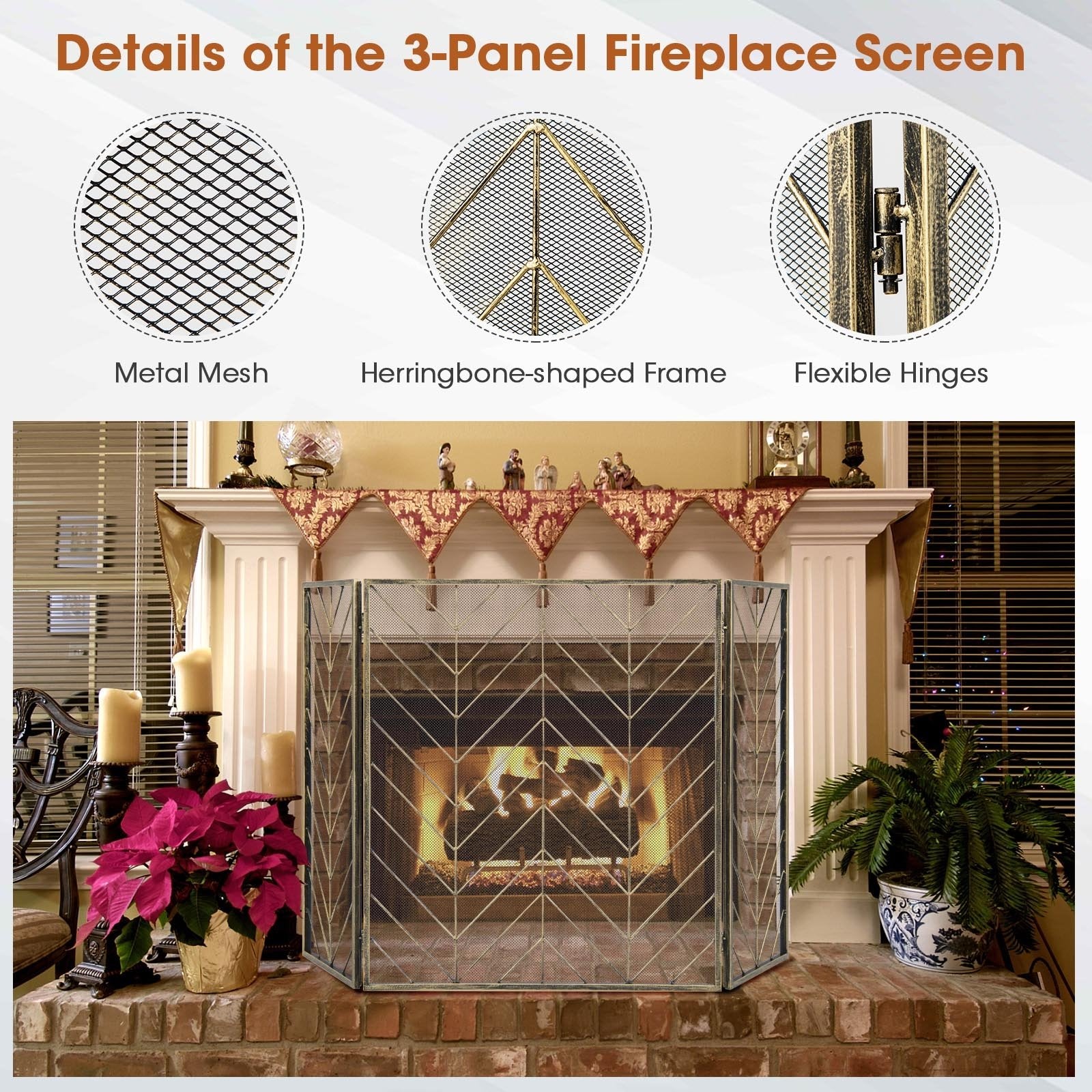 3-Panel Metal Foldable Fireplace Screen with Metal Mesh, Bronze Fireplace Tools   at Gallery Canada