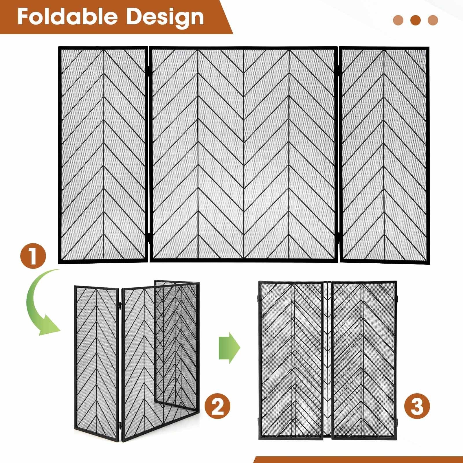 3-Panel Metal Foldable Fireplace Screen with Metal Mesh, Black Fireplace Tools   at Gallery Canada