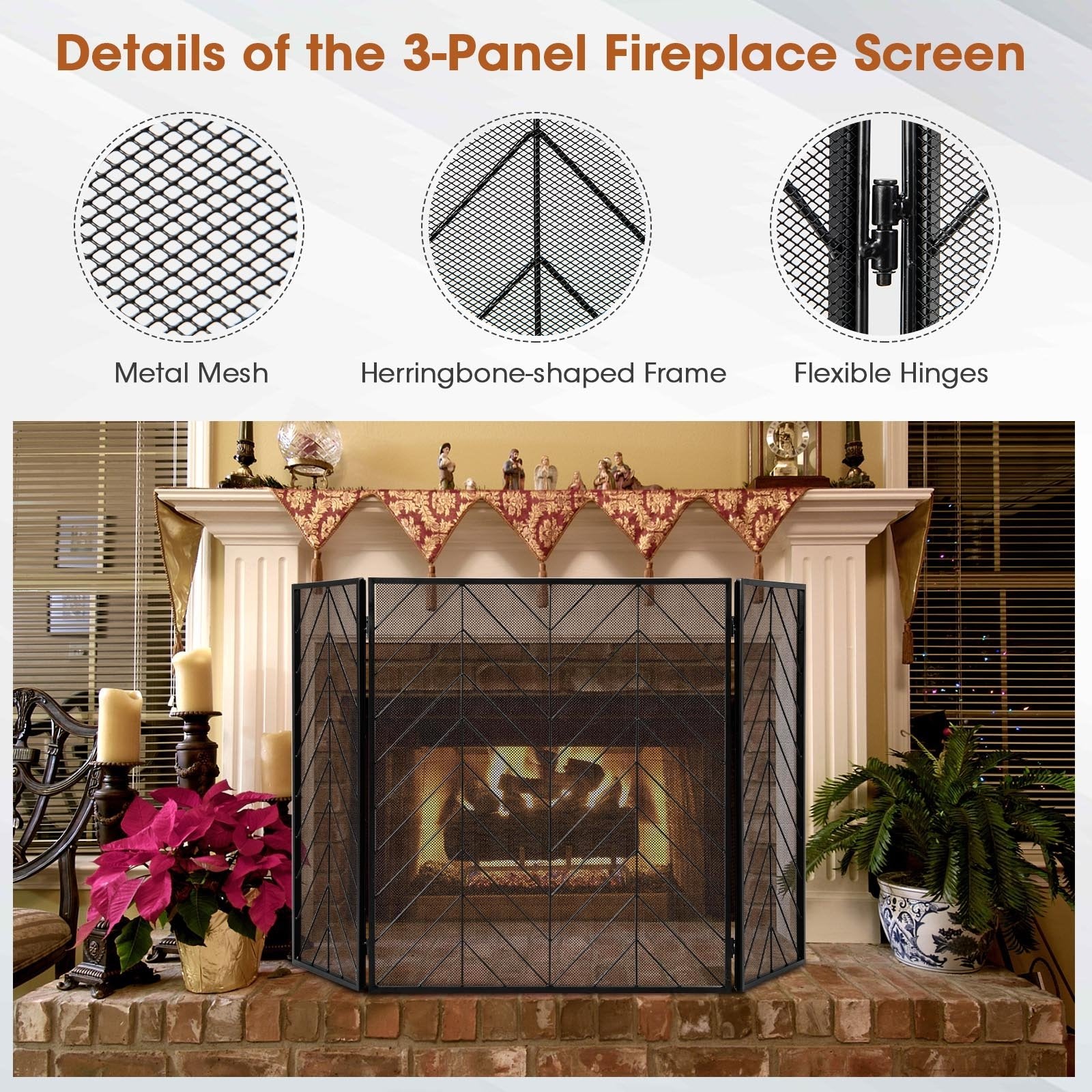 3-Panel Metal Foldable Fireplace Screen with Metal Mesh, Black Fireplace Tools   at Gallery Canada