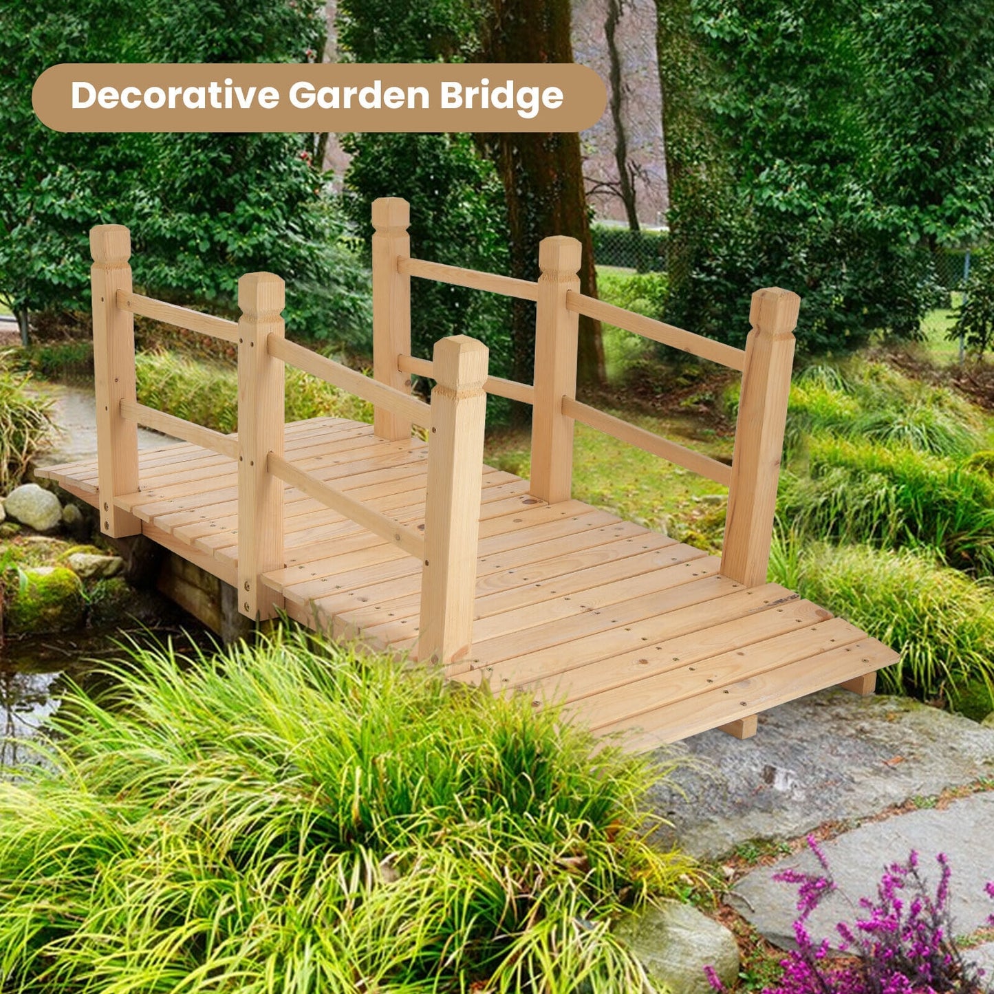 5 Feet Wooden Garden Bridge with Safety Rails, Natural Outdoor Decor at Gallery Canada