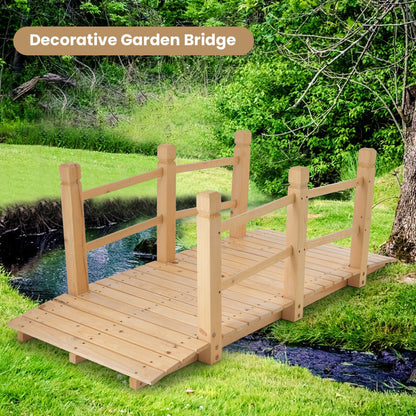 5 Feet Wooden Garden Bridge with Safety Rails, Natural Outdoor Decor at Gallery Canada