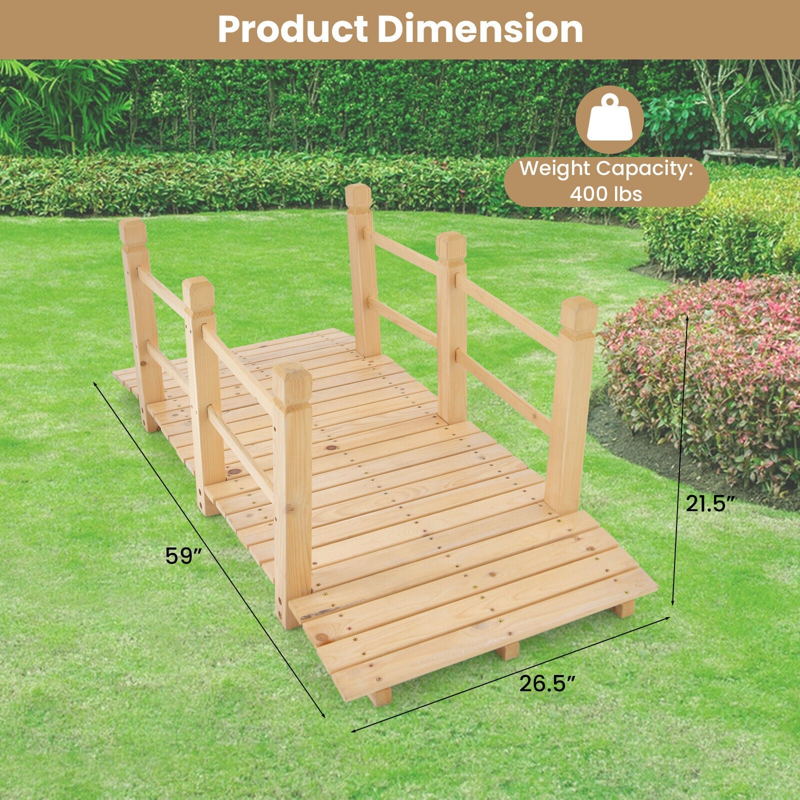 5 Feet Wooden Garden Bridge with Safety Rails, Natural Outdoor Decor at Gallery Canada