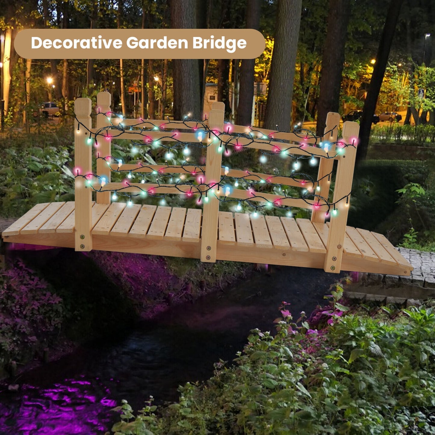 5 Feet Wooden Garden Bridge with Safety Rails, Natural Outdoor Decor at Gallery Canada