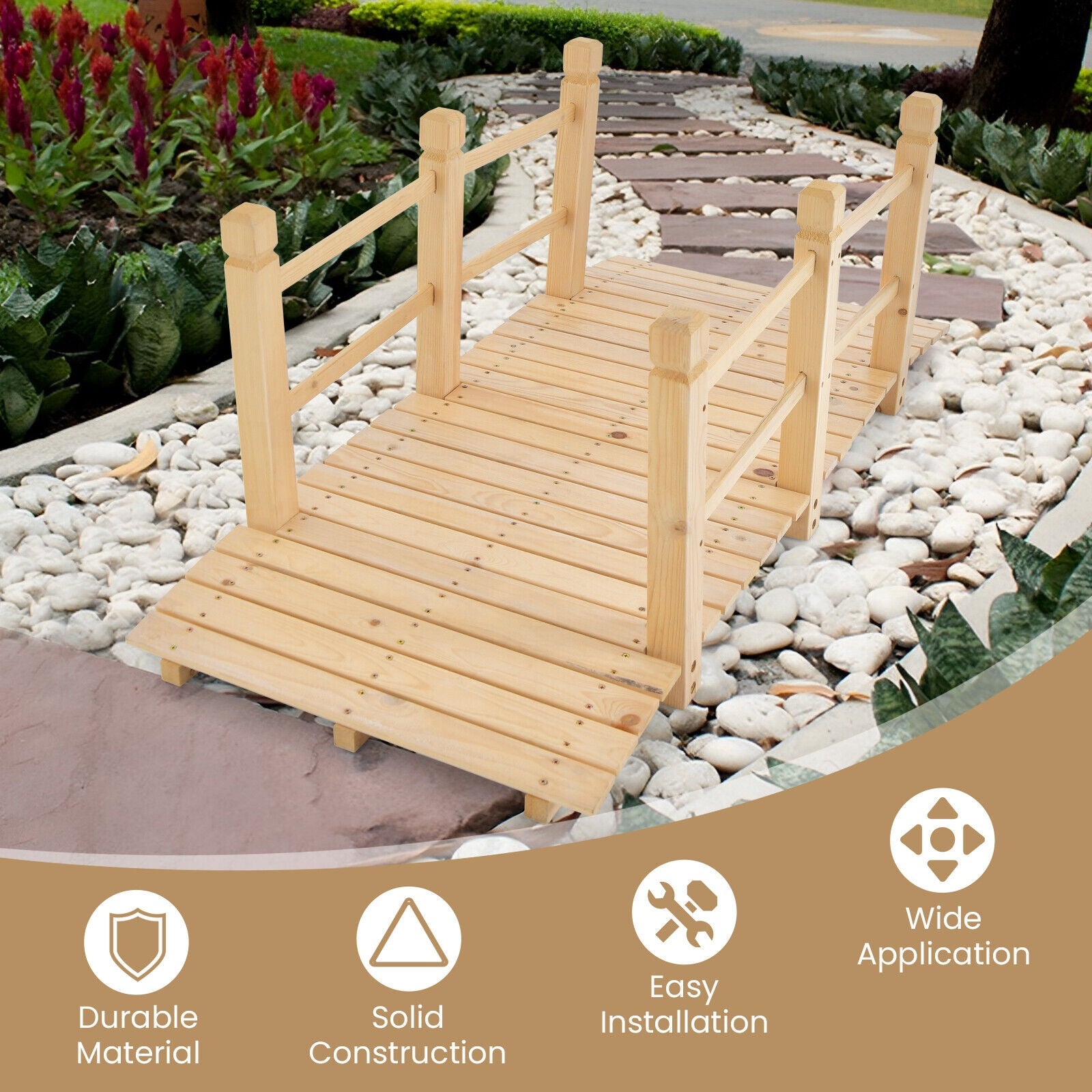 5 Feet Wooden Garden Bridge with Safety Rails, Natural Outdoor Decor at Gallery Canada