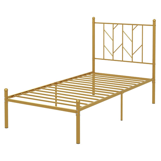 Twin/Full Size Metal Platform Bed Frame with Vintage Headboard-Twin Size, Golden Simple Bed Frame   at Gallery Canada