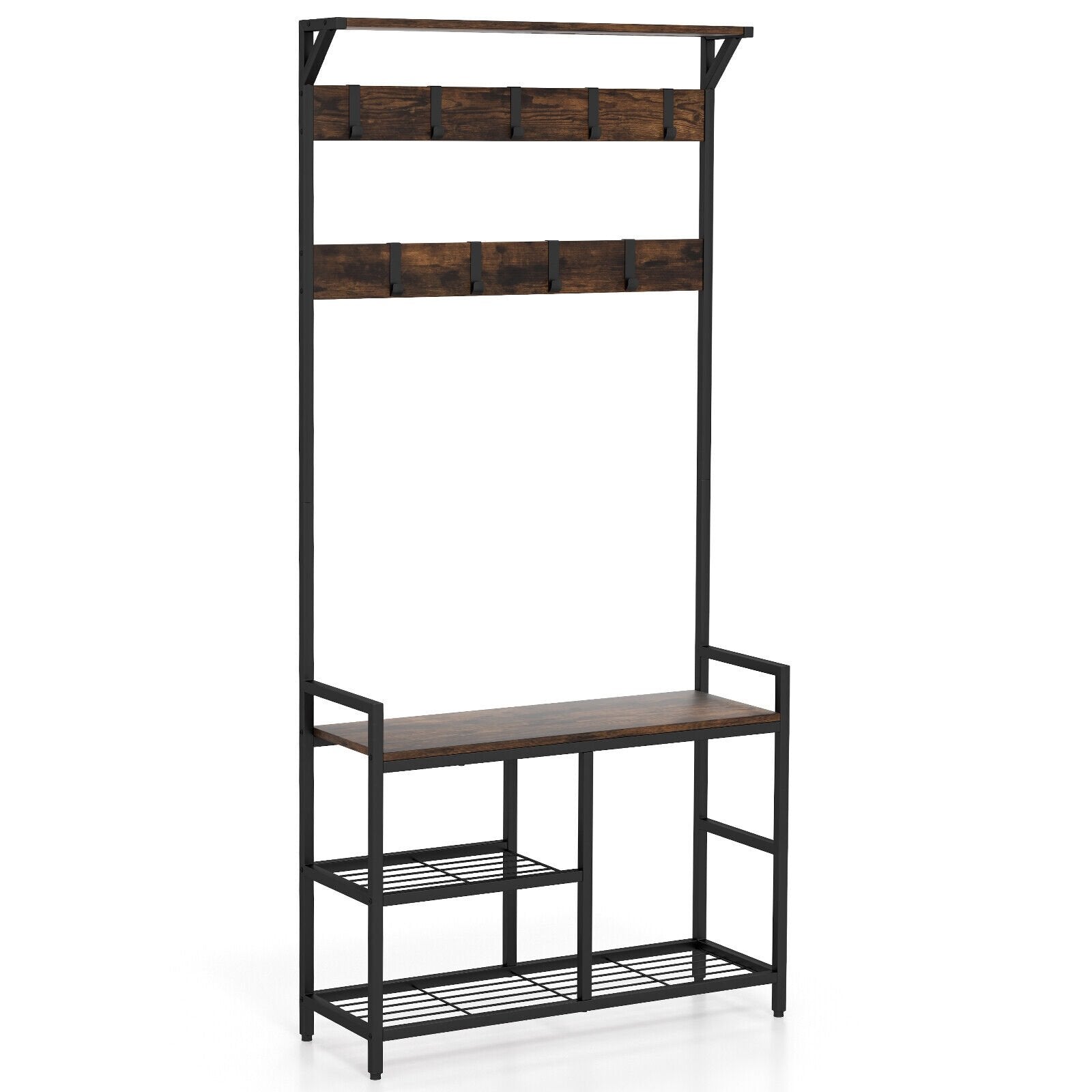 71 Inch Freestanding Hall Tree with Shoe Bench and 9 Removable Hooks, Rustic Brown Coat Racks & Hall Trees Rustic Brown at Gallery Canada