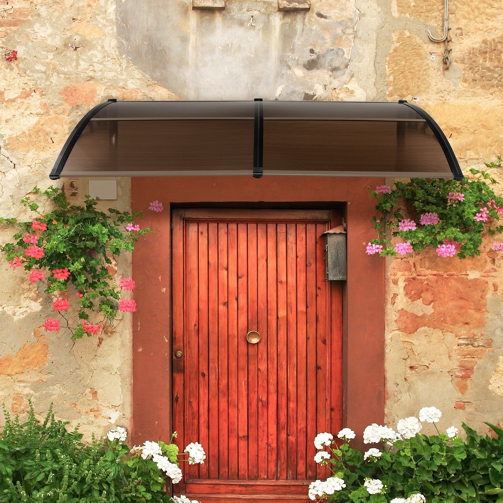 Outdoor Front Door Patio Overhang Awning for Sunlight Rain Snow Wind Protection-80 x 40 Inch, Brown Outdoor Shades   at Gallery Canada