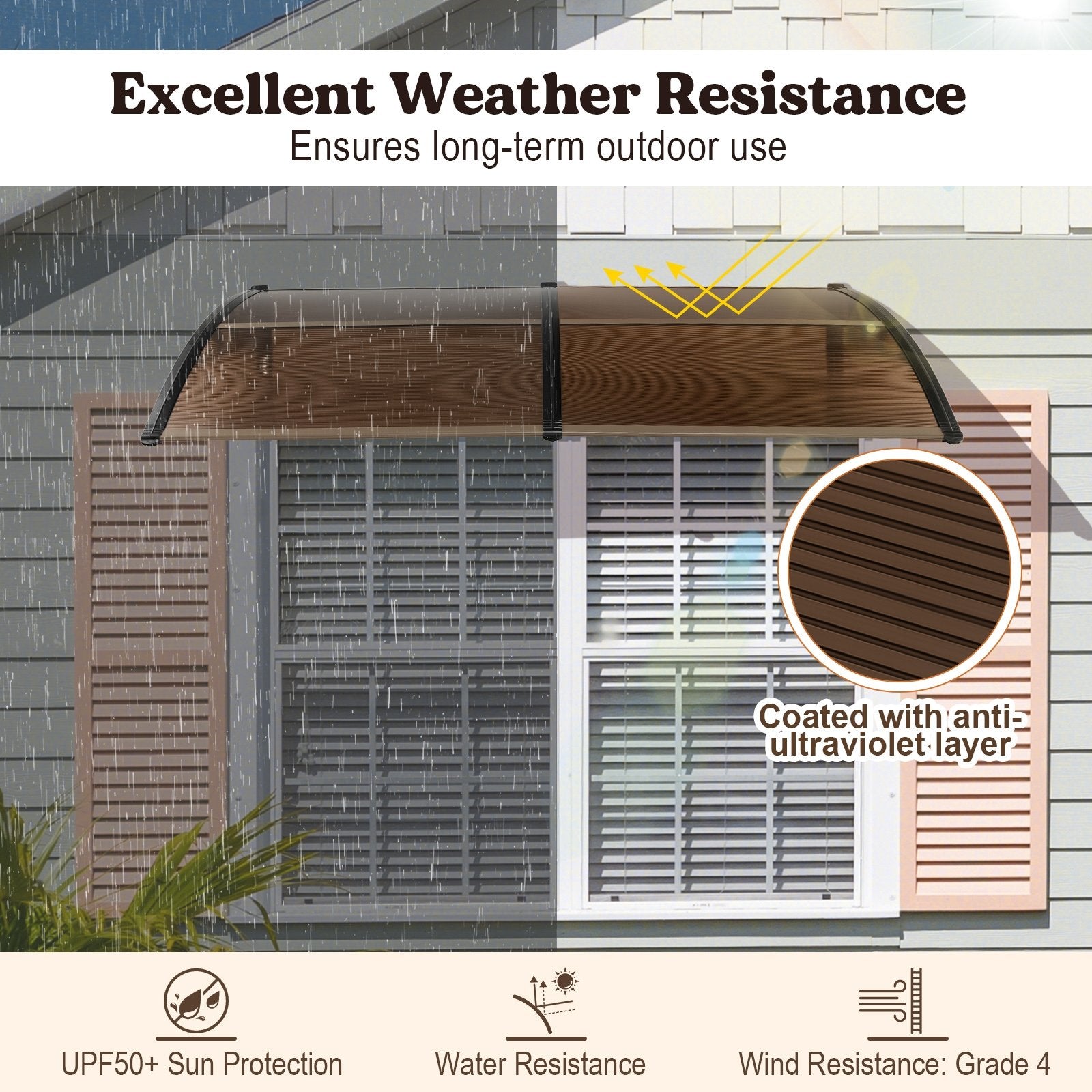 Outdoor Front Door Patio Overhang Awning for Sunlight Rain Snow Wind Protection-80 x 40 Inch, Brown Outdoor Shades   at Gallery Canada