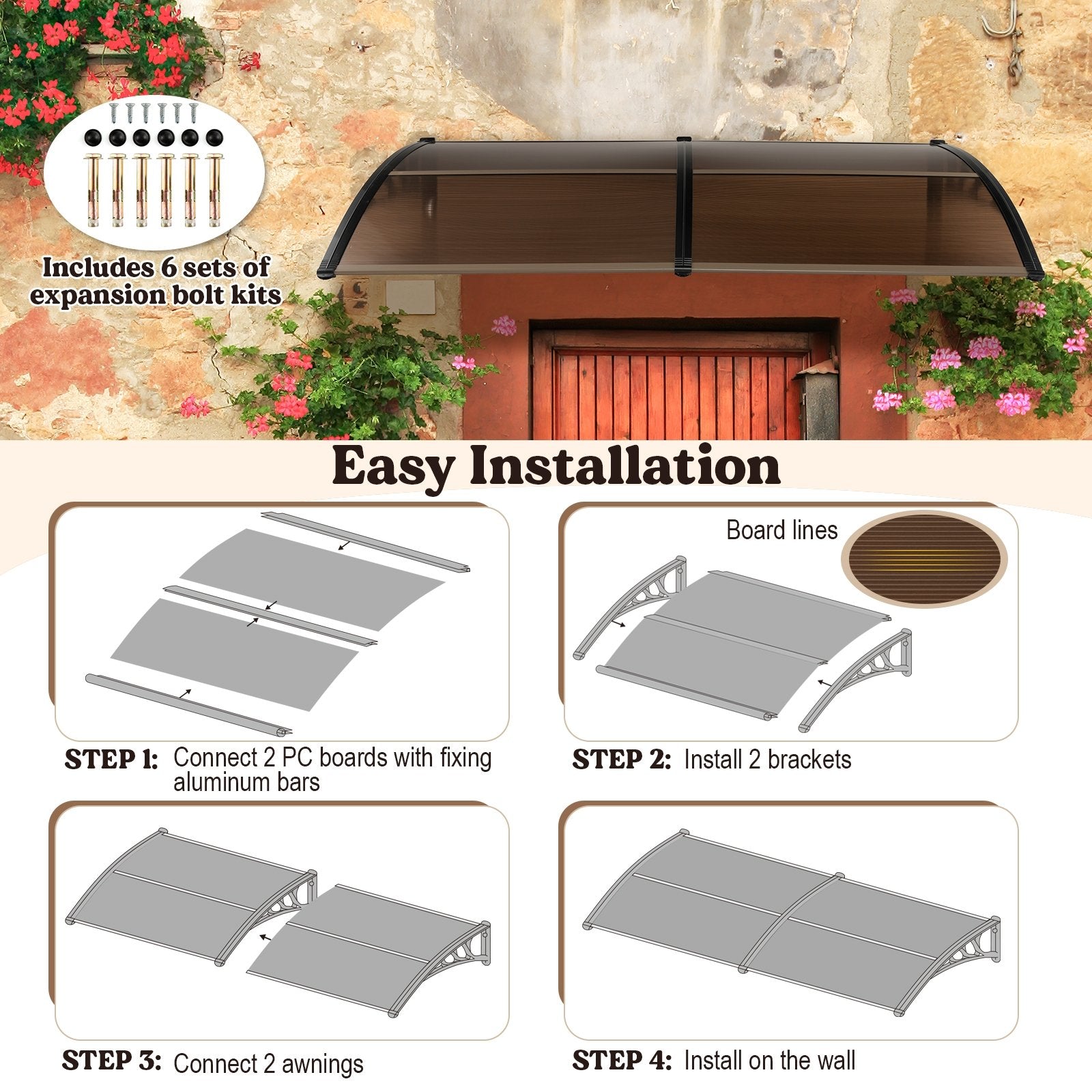 Outdoor Front Door Patio Overhang Awning for Sunlight Rain Snow Wind Protection-80 x 40 Inch, Brown Outdoor Shades   at Gallery Canada