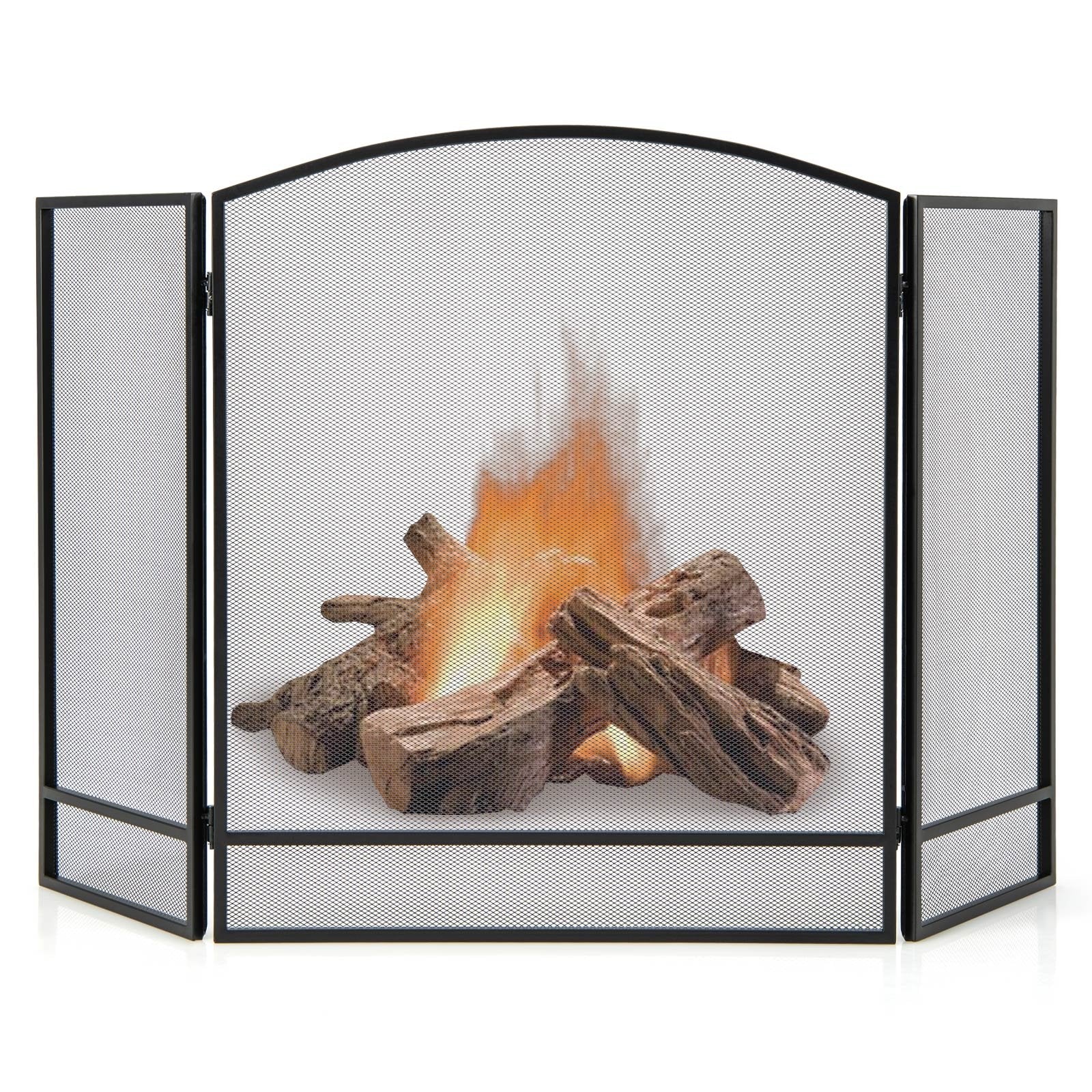 3-Panel Foldable Fireplace Screen with Wrought Metal Mesh, Black Fireplace Tools   at Gallery Canada