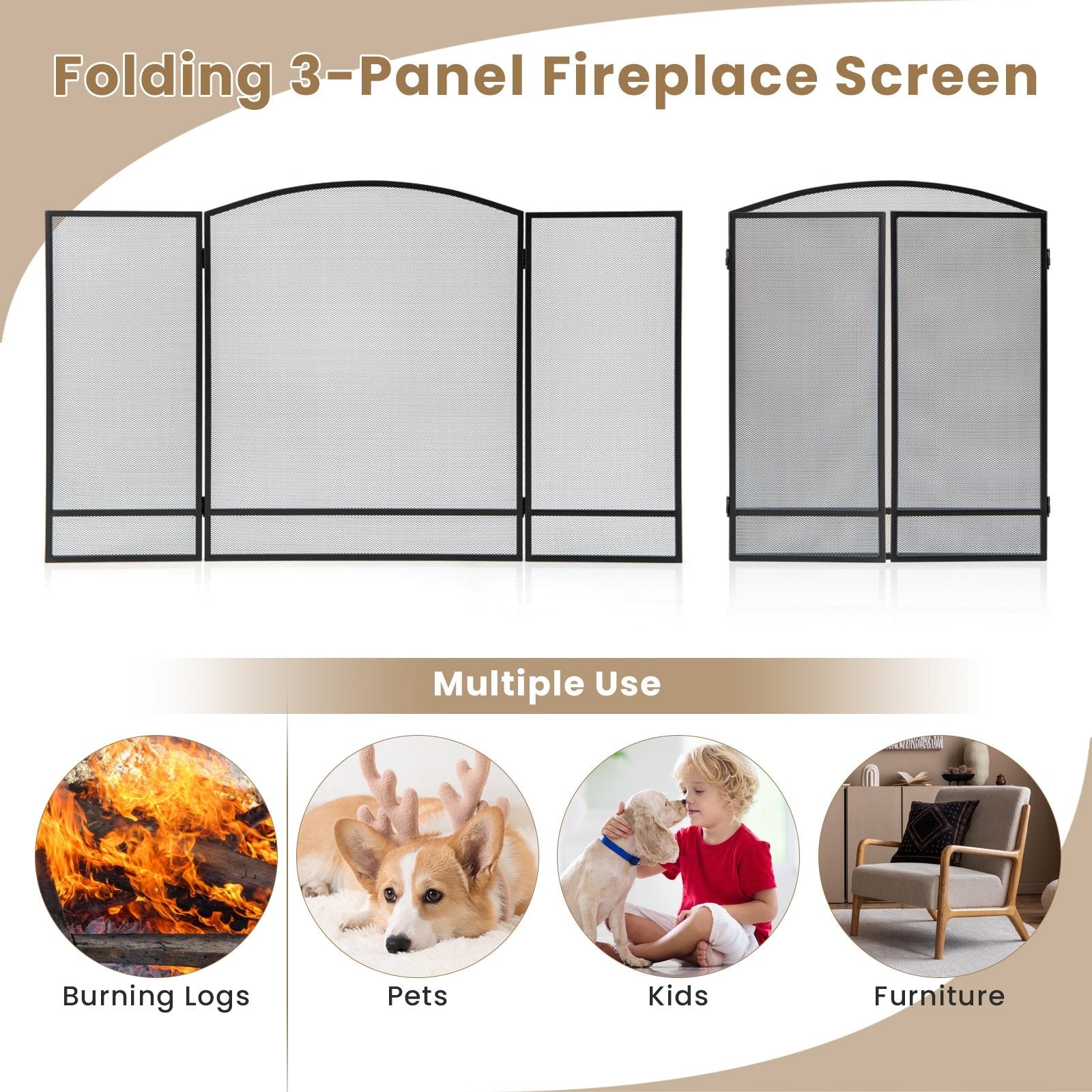 3-Panel Foldable Fireplace Screen with Wrought Metal Mesh, Black Fireplace Tools   at Gallery Canada