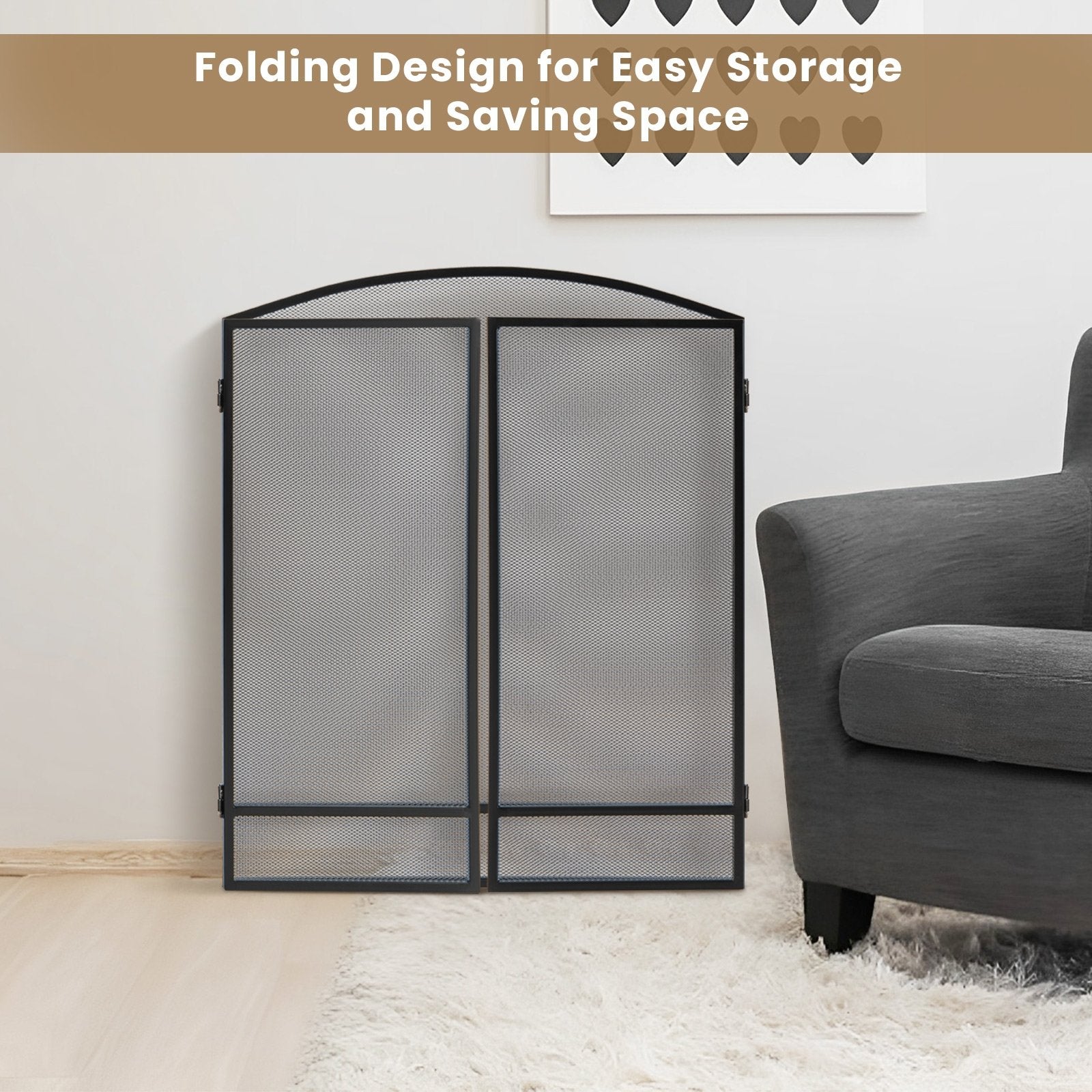 3-Panel Foldable Fireplace Screen with Wrought Metal Mesh, Black Fireplace Tools   at Gallery Canada