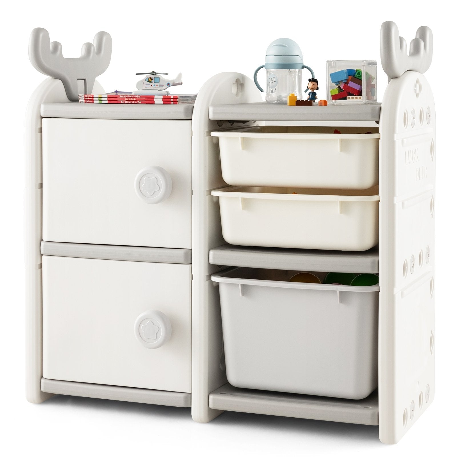 31 Inch Toy Chest and Bookshelf for Toddlers with Enclosed Cabinets and Pull-out Drawers, Gray Kids Storage   at Gallery Canada