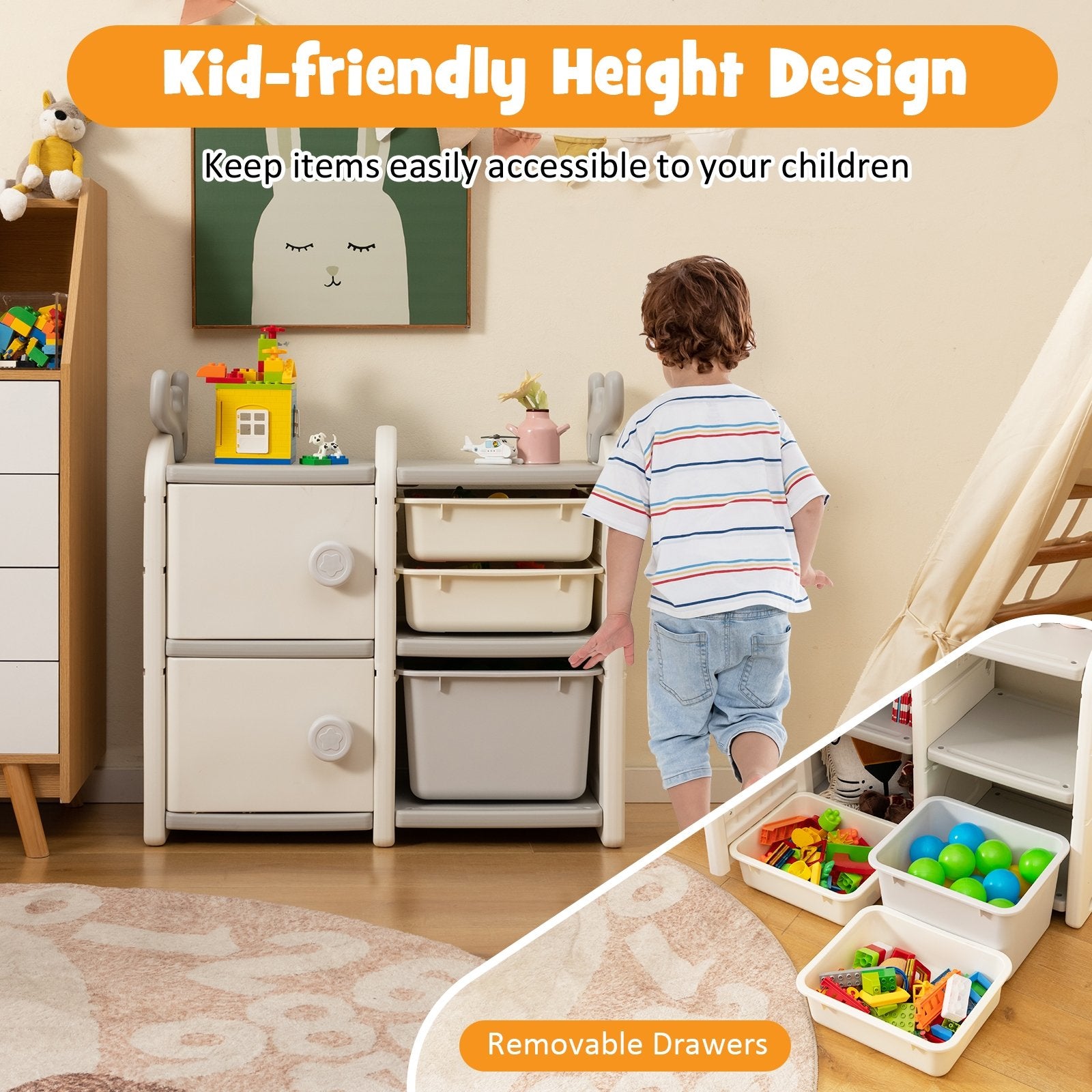 31 Inch Toy Chest and Bookshelf for Toddlers with Enclosed Cabinets and Pull-out Drawers, Gray Kids Storage   at Gallery Canada