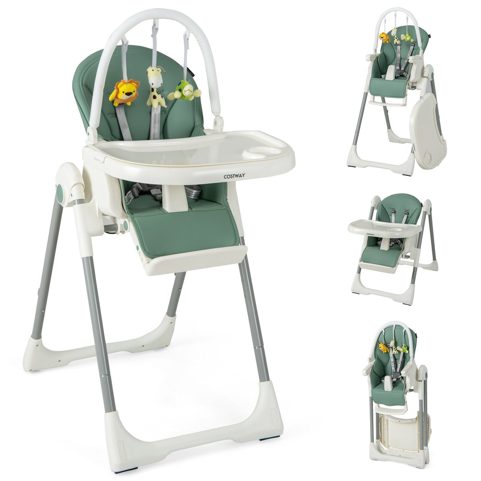 4-in-1 Foldable Baby High Chair with 7 Adjustable Heights and Free Toys Bar, Green - Gallery Canada