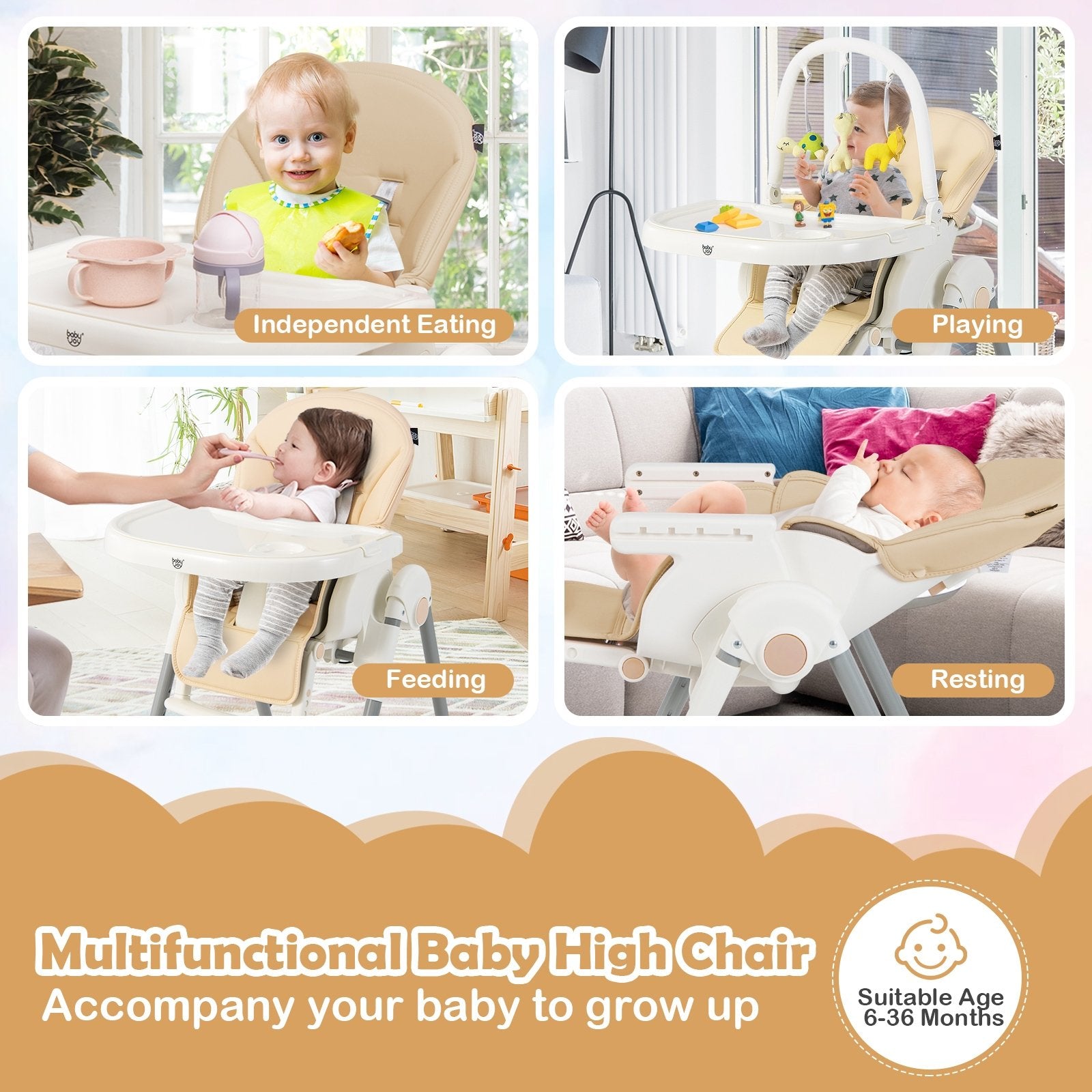 4-in-1 Foldable Baby High Chair with 7 Adjustable Heights and Free Toys Bar, Yellow High Chairs   at Gallery Canada