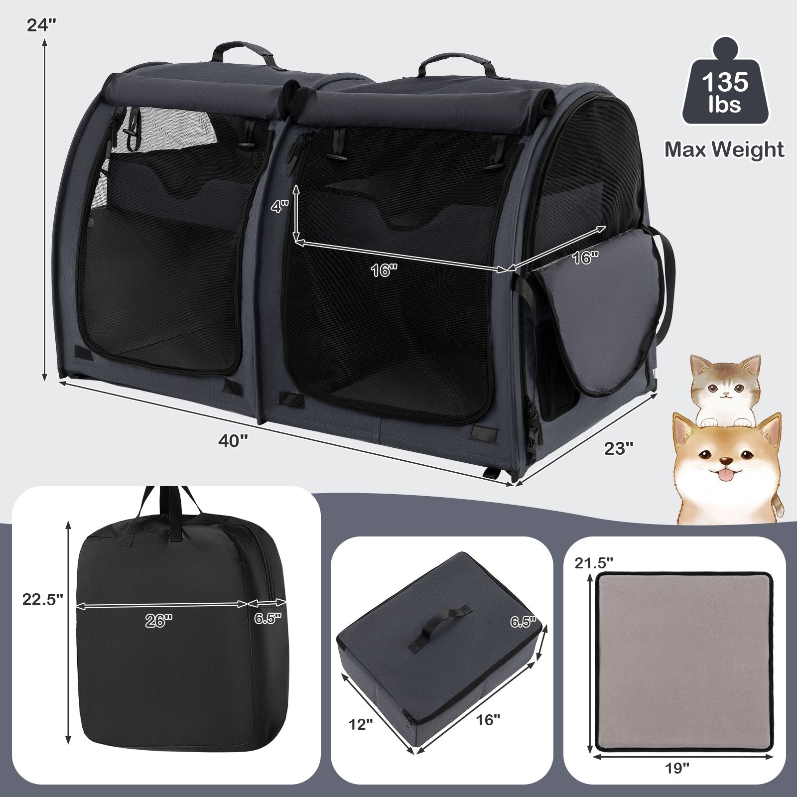 Double Compartment Pet Carrier with 2 Removable Hammocks, Black Cat Supplies   at Gallery Canada